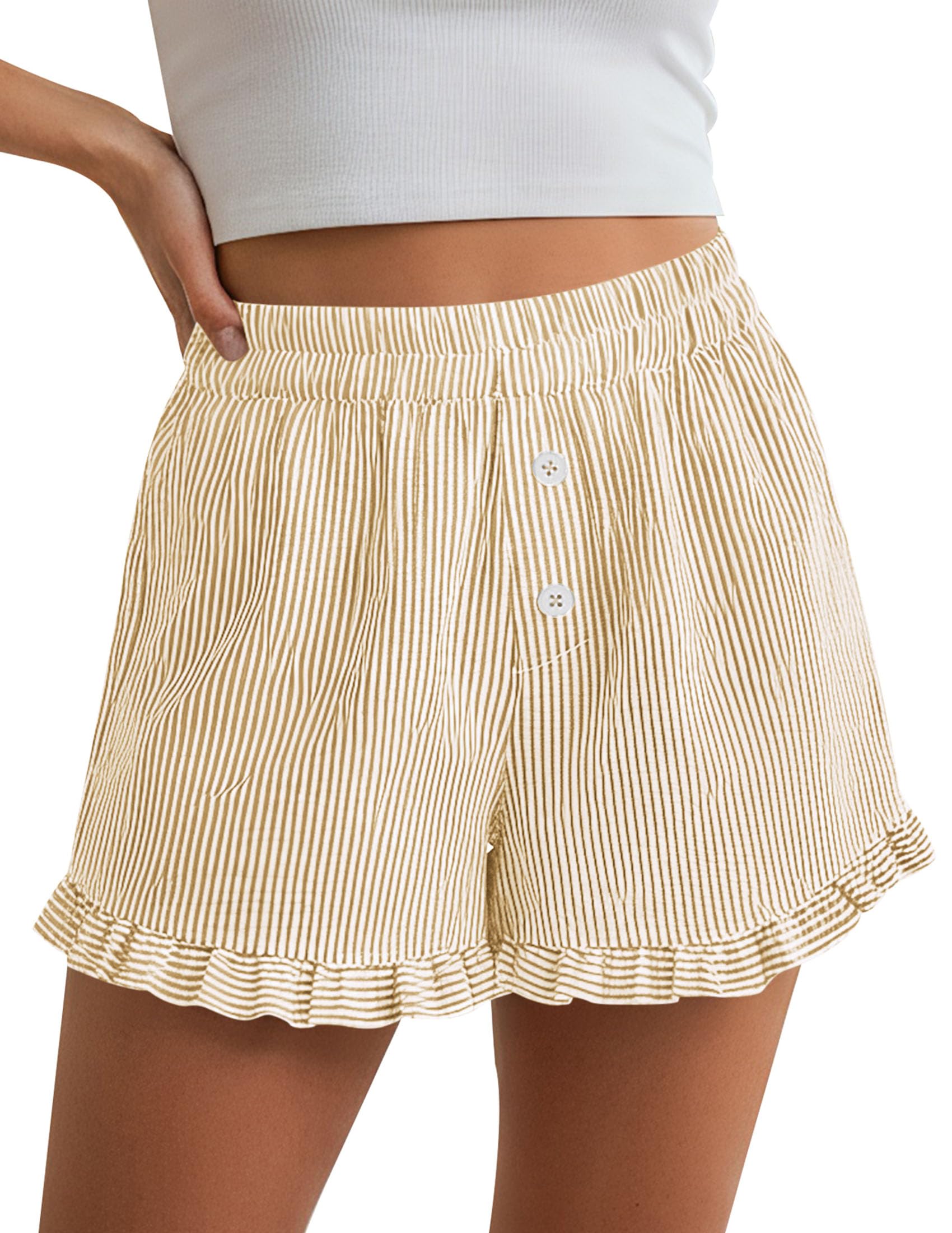 PRETTYGARDEN Womens Boxer Shorts Y2K Ruffle Pajama Summer Spring Lounge Sleep Striped Casual Beach Pj Bottoms Pockets