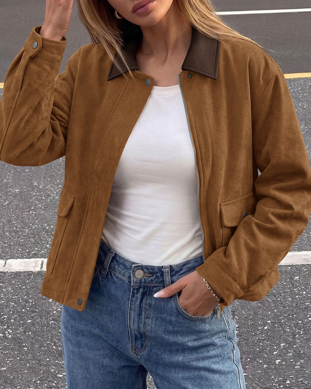 BTFBM Faux Suede Jacket Women Leather Lapel Zip Up Fall Outfits Button Down Long Sleeve Outerwear With Flap Pockets, Early Winter Coats, Motorcycle Jackets, Western Country Concert Outfits