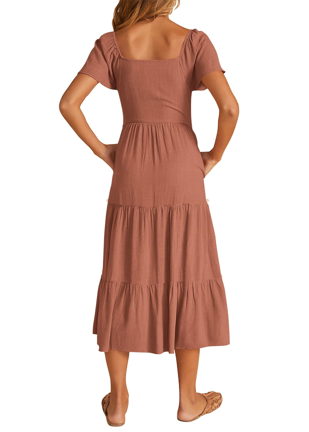 FreshPretty Women Spring Summer Casual Short Sleeve Midi Dress Button V Neck Tiered Vacation Sundress with Pockets