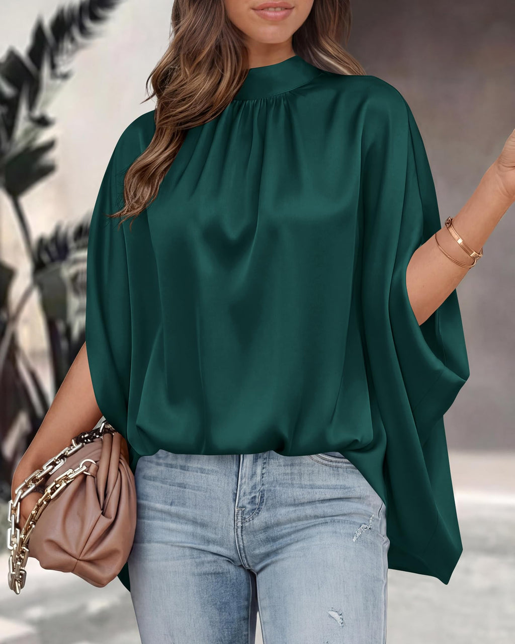 BTFBM Womens Summer Tops Mock Neck Batwing Sleeve Silk Satin Shirts Loose Oversized Dressy Casual Spring Blouses