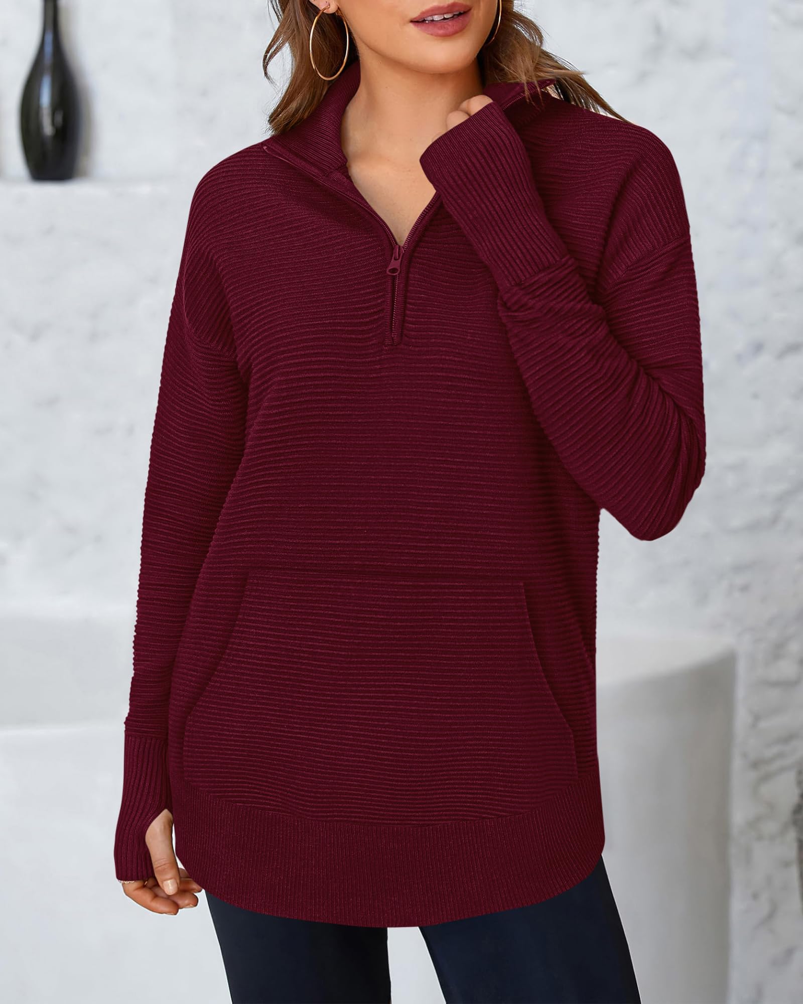 BTFBM Sweaters for Women Fall Clothes Pocket Quarter Zip Pullover V Neck Long Sleeve Knit Trendy Winter Sweater