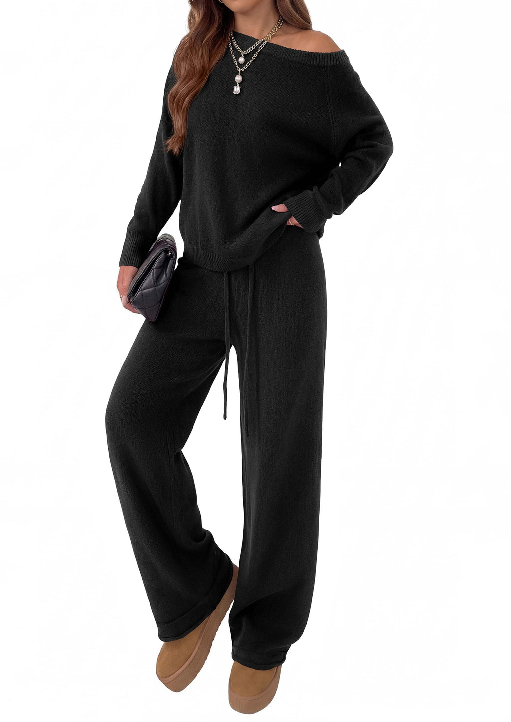 PRETTYGARDEN Lounge Sets Womens Sweaters Two Piece Outfits Cozy Boat Neck Long Sleeve Tops, Wide Leg Pants with Drawstring, Casual Fall Fashion Airport & Travel, Knit Matching Set