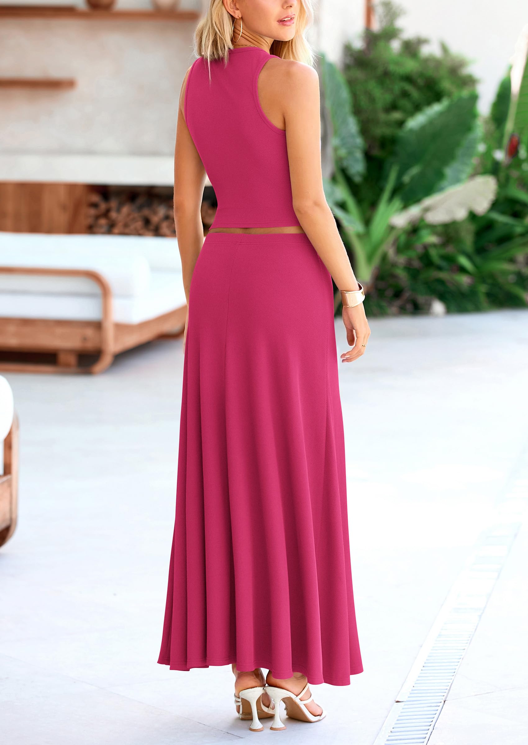 PRETTYGARDEN Women's 2 Piece Maxi Skirt Sets Casual Summer Knit Cropped Tank Top High Waisted Long Skirts Outfit