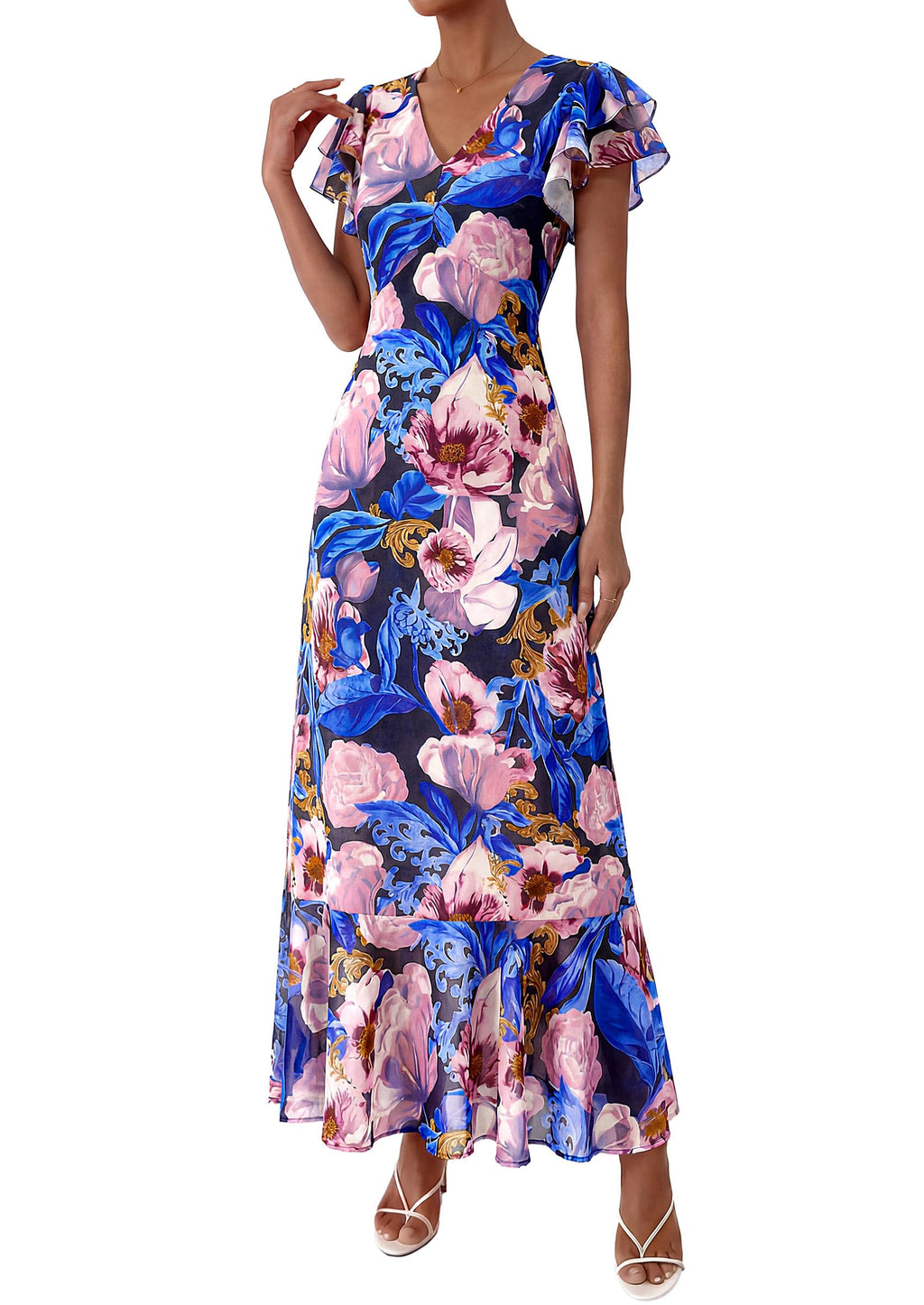 PRETTYGARDEN Womens Summer Floral Maxi Dresses Spring Short Sleeve Ruffle V Neck Flowy Boho Long Beach Vacation Sundress