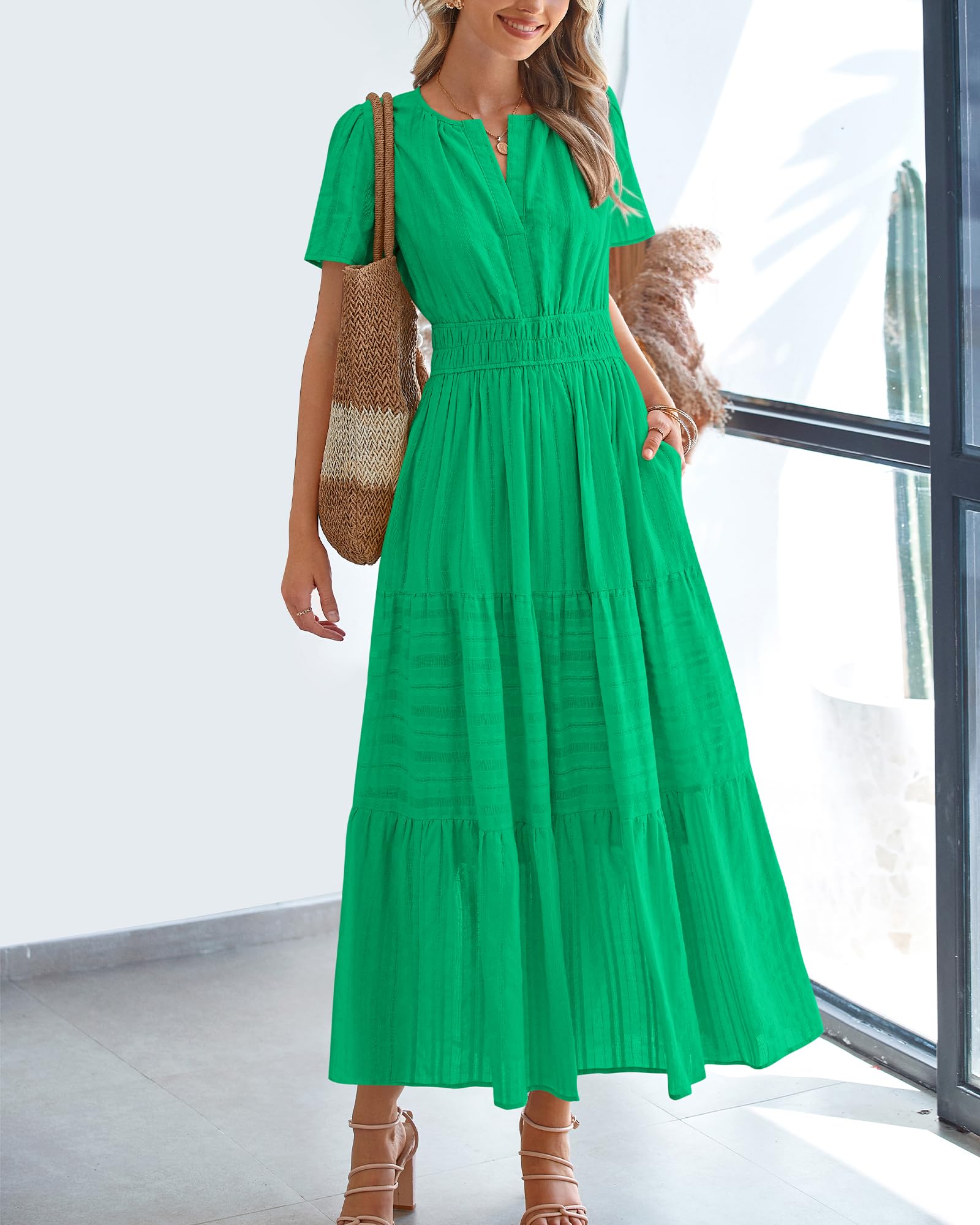 BTFBM Womens Summer Casual Midi Maxi Dresses Lightweight Short Sleeve V Neck Elastic Waist Boho Beach Dress Pockets