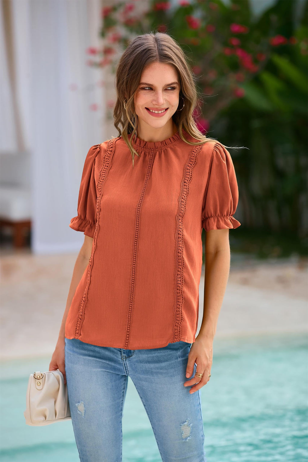 PRETTYGARDEN Womens Summer Tops Trendy Mock Neck Puff Sleeve Blouse Dressy Casual Business Western Shirts Spring Clothes