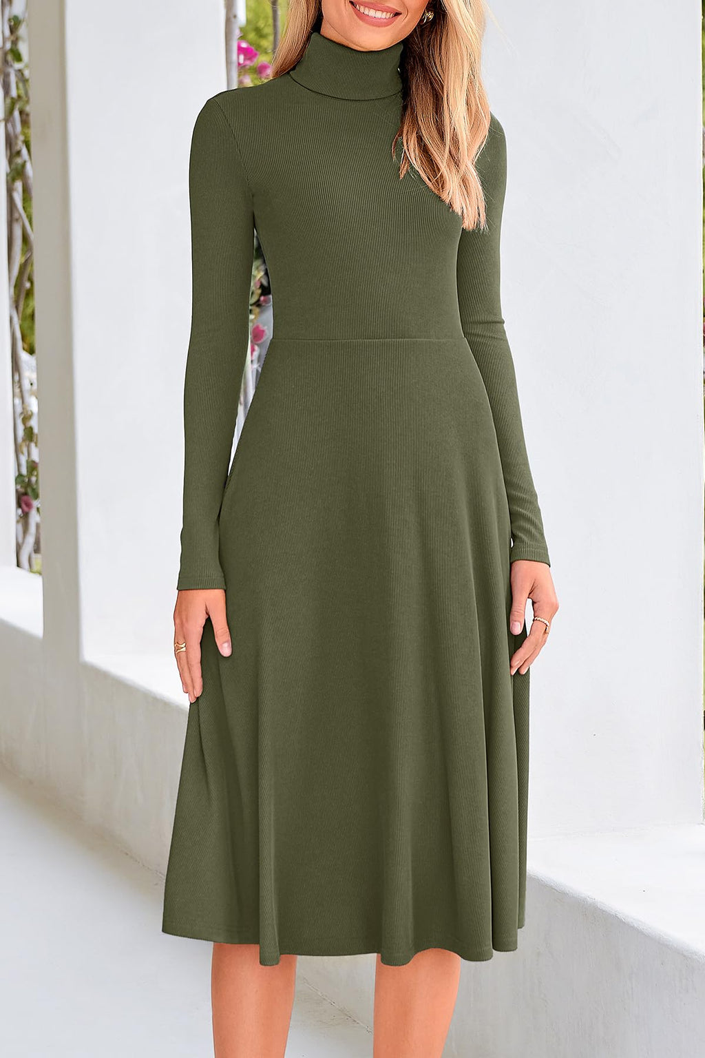 FreshPretty Womens Long Sleeve Turtleneck Dress Midi A Line Fall Dresses,High Neck Dress,Fit and Flare Work Dresses,Lightweight Knit,Flowy Winter Dresses Wedding Guest,Cocktail,Church,Casual
