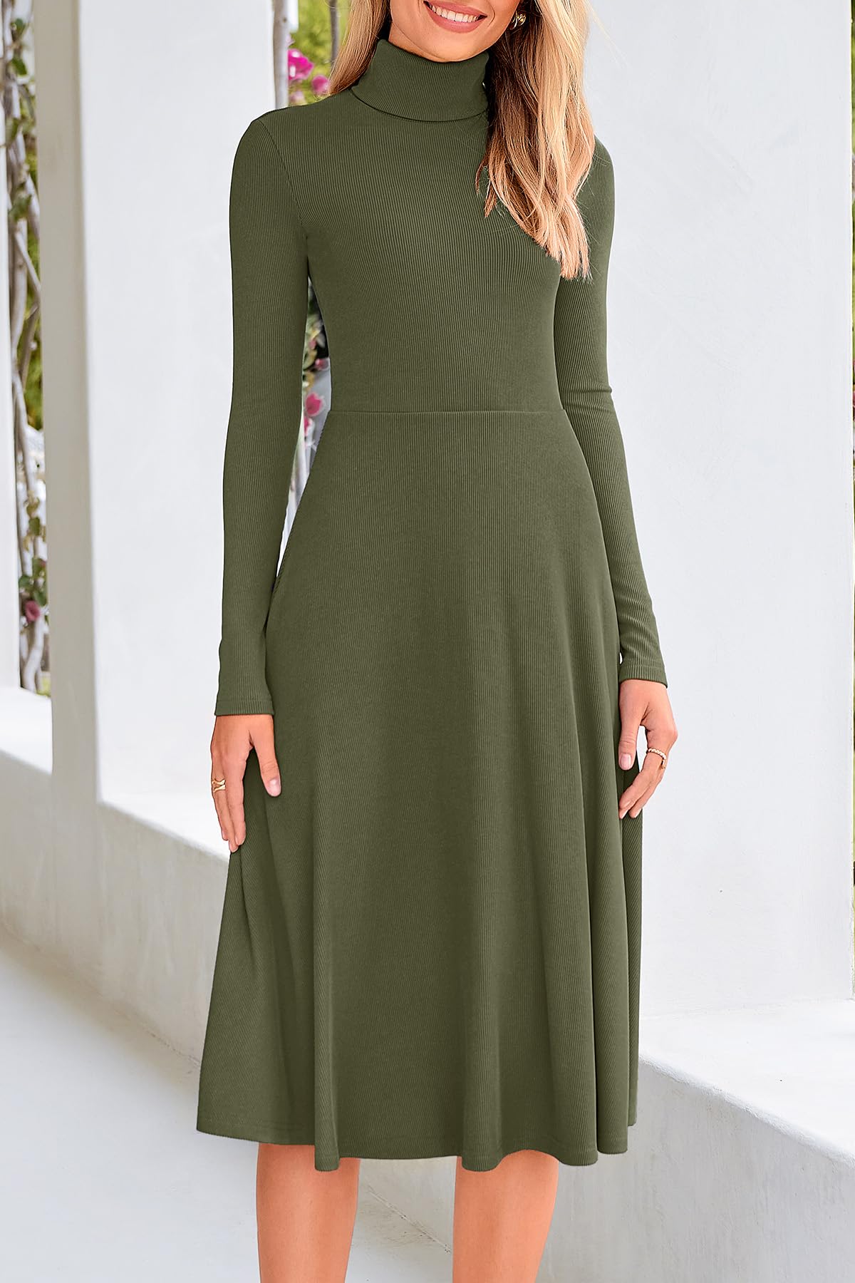 FreshPretty Womens Long Sleeve Turtleneck Dress Midi A Line Fall Dresses,High Neck Dress,Fit and Flare Work Dresses,Lightweight Knit,Flowy Winter Dresses Wedding Guest,Cocktail,Church,Casual