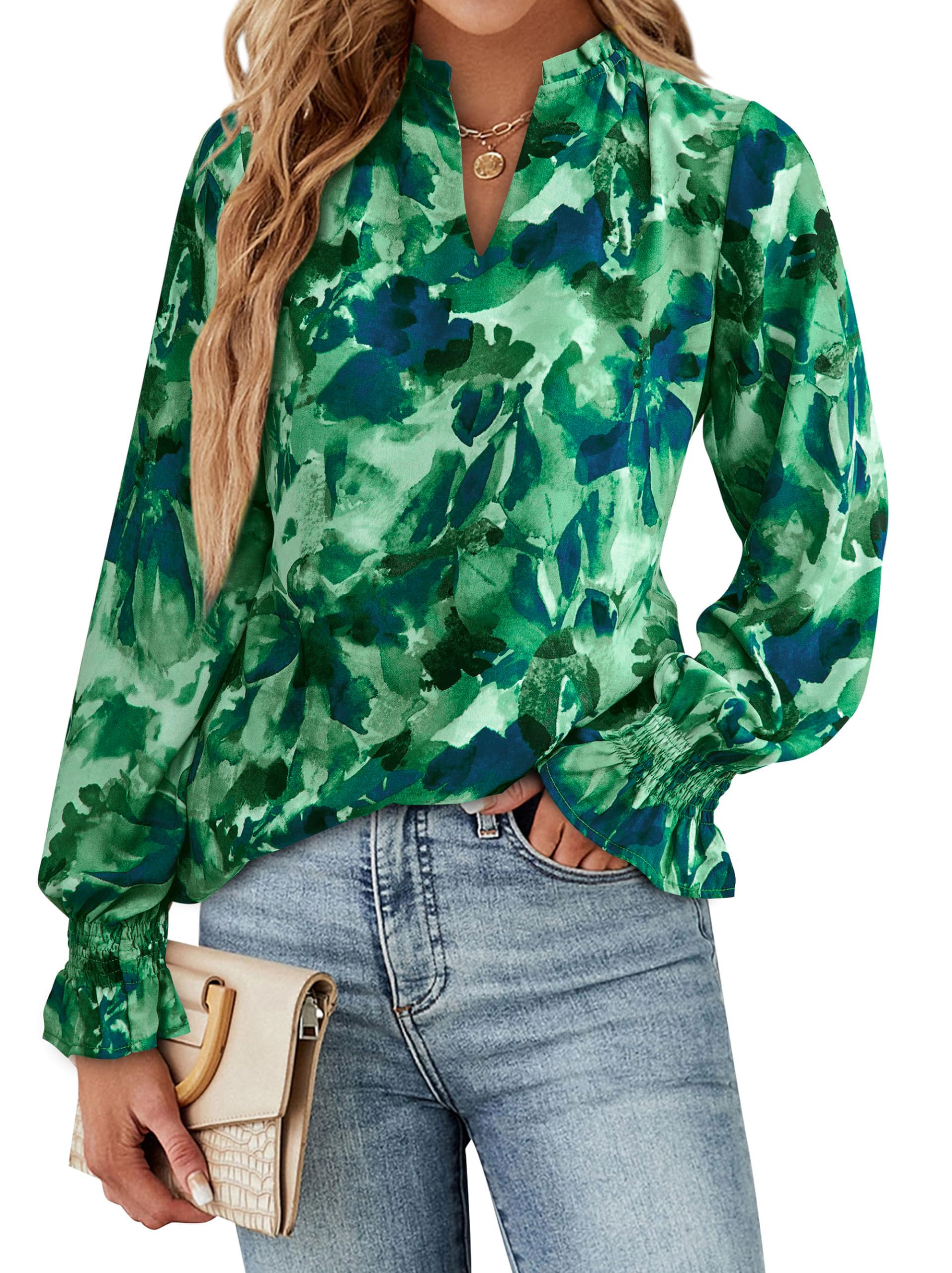 FreshPretty Womens V Neck Floral Long Sleeve Tops Summer Casual Loose Puff Sleeve Chiffon Boho Work Blouse Dressy T Shirts