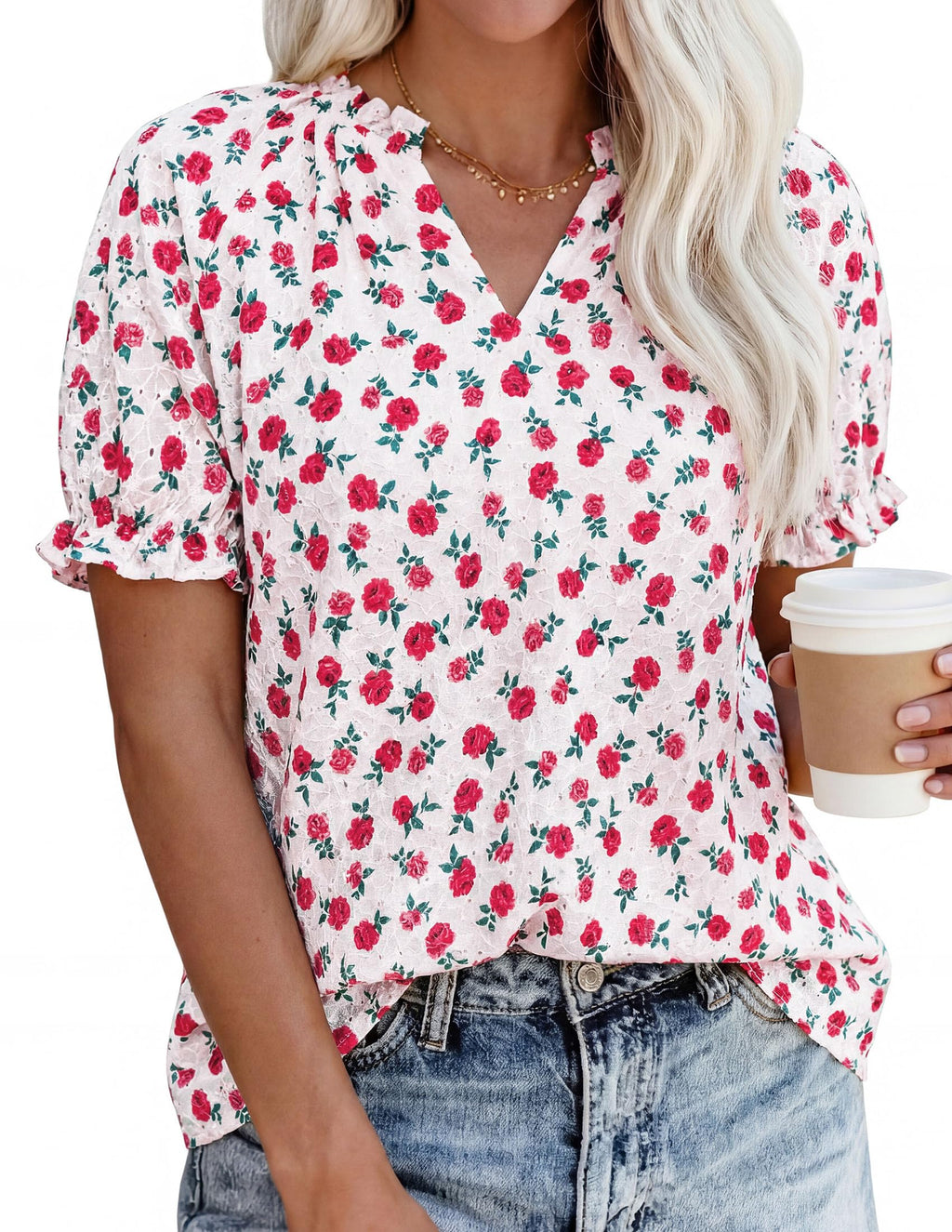 PRETTYGARDEN Summer Short Sleeve V Neck Shirts for Women Trendy Floral Print Loose Ruffle Tops Business Casual Blouses