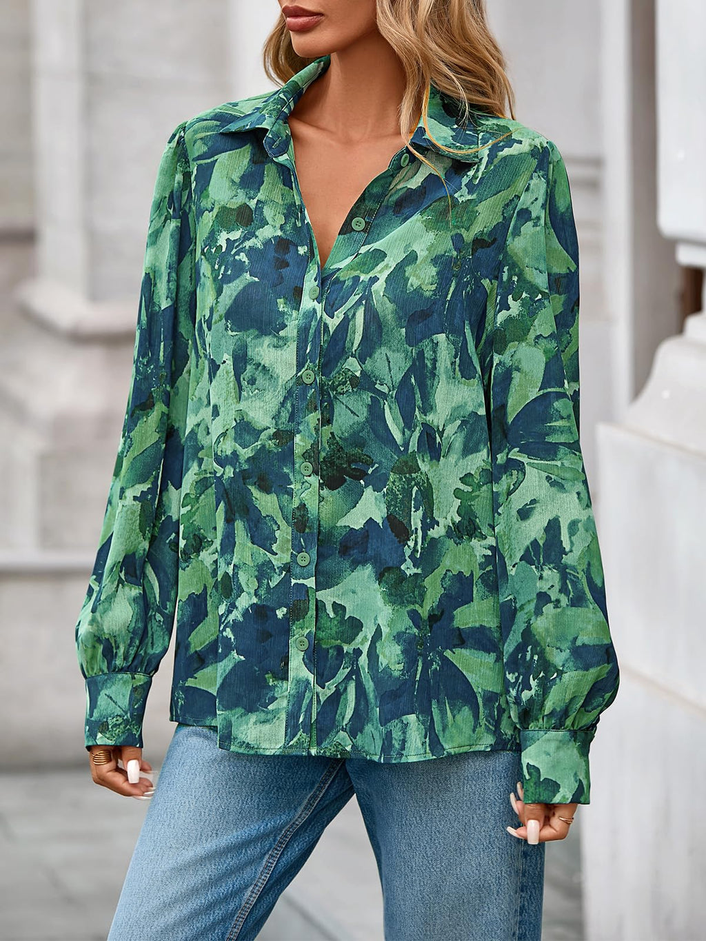 PRETTYGARDEN Women's Floral Blouses Dressy Casual V Neck Button Down Shirts Lantern Long Sleeve Boho Chiffon Spring Tops