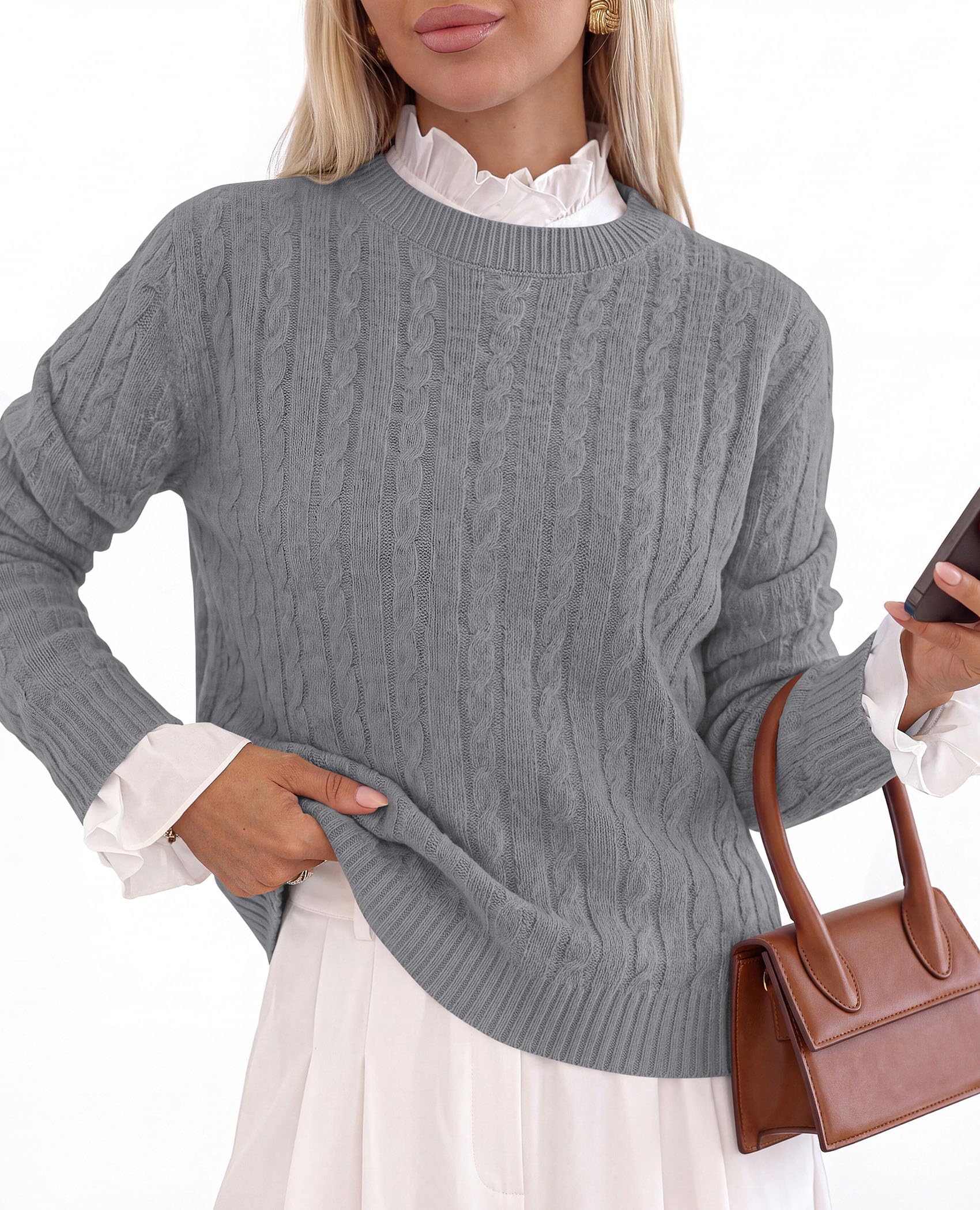PRETTYGARDEN Women's Cable Knit Sweaters Long Sleeve Pullover Fall Outfits Soft Cozy Knit Tops, Ribbed Crewneck Regular Fit, Basic Daily, Work Business Casual, Teacher Outfits, Winter Layer Clothing