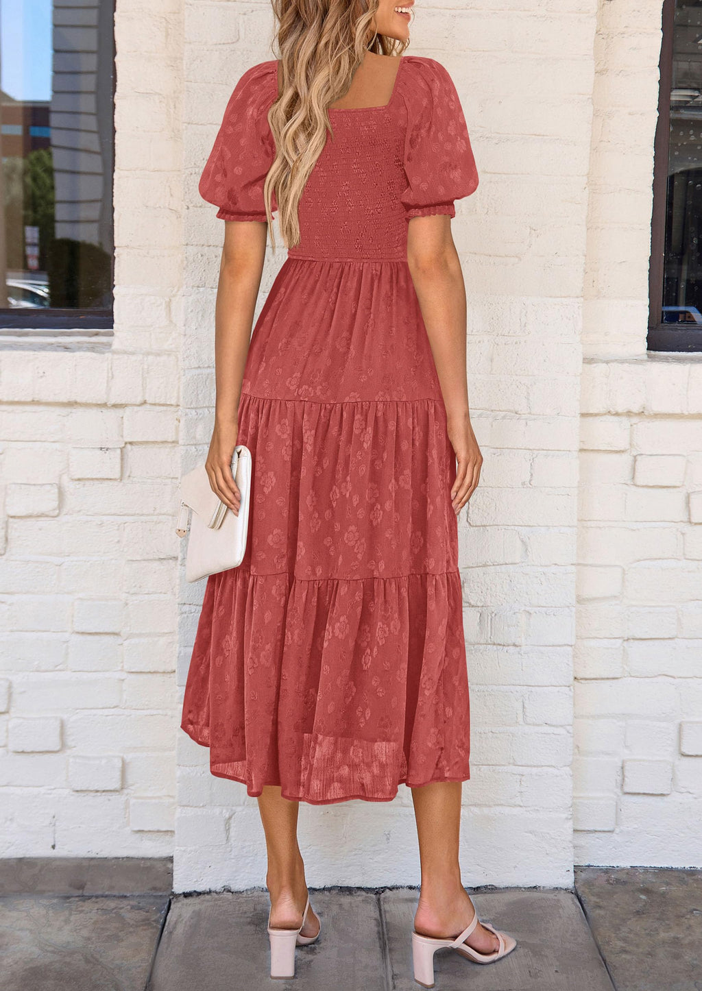 PRETTYGARDEN Women's Summer Casual Midi Dresses Square Neck Short Sleeve Smocked A Line Floral Flowy Elegant Boho Dress