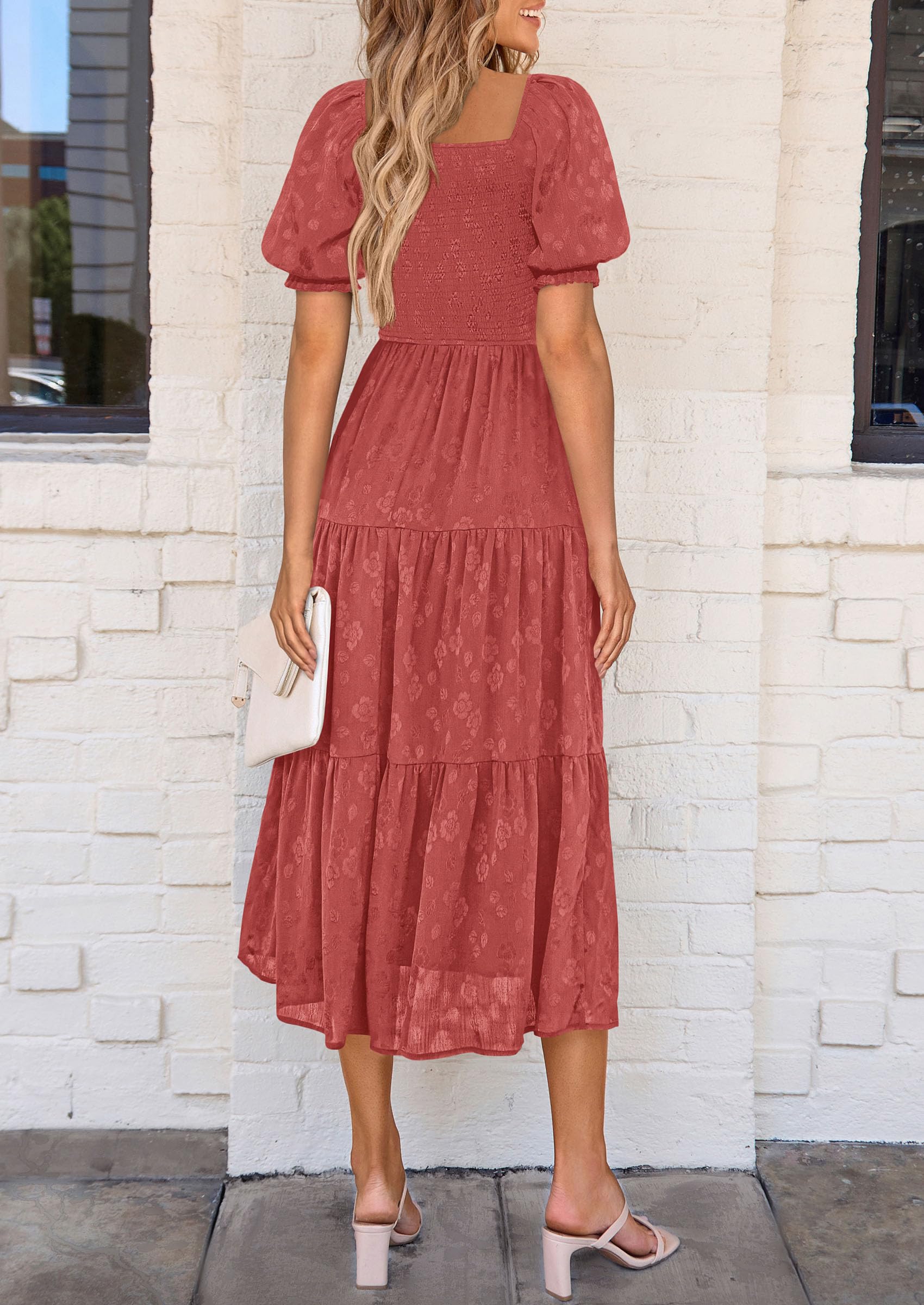 PRETTYGARDEN Women's Summer Casual Midi Dresses Square Neck Short Sleeve Smocked A Line Floral Flowy Elegant Boho Dress