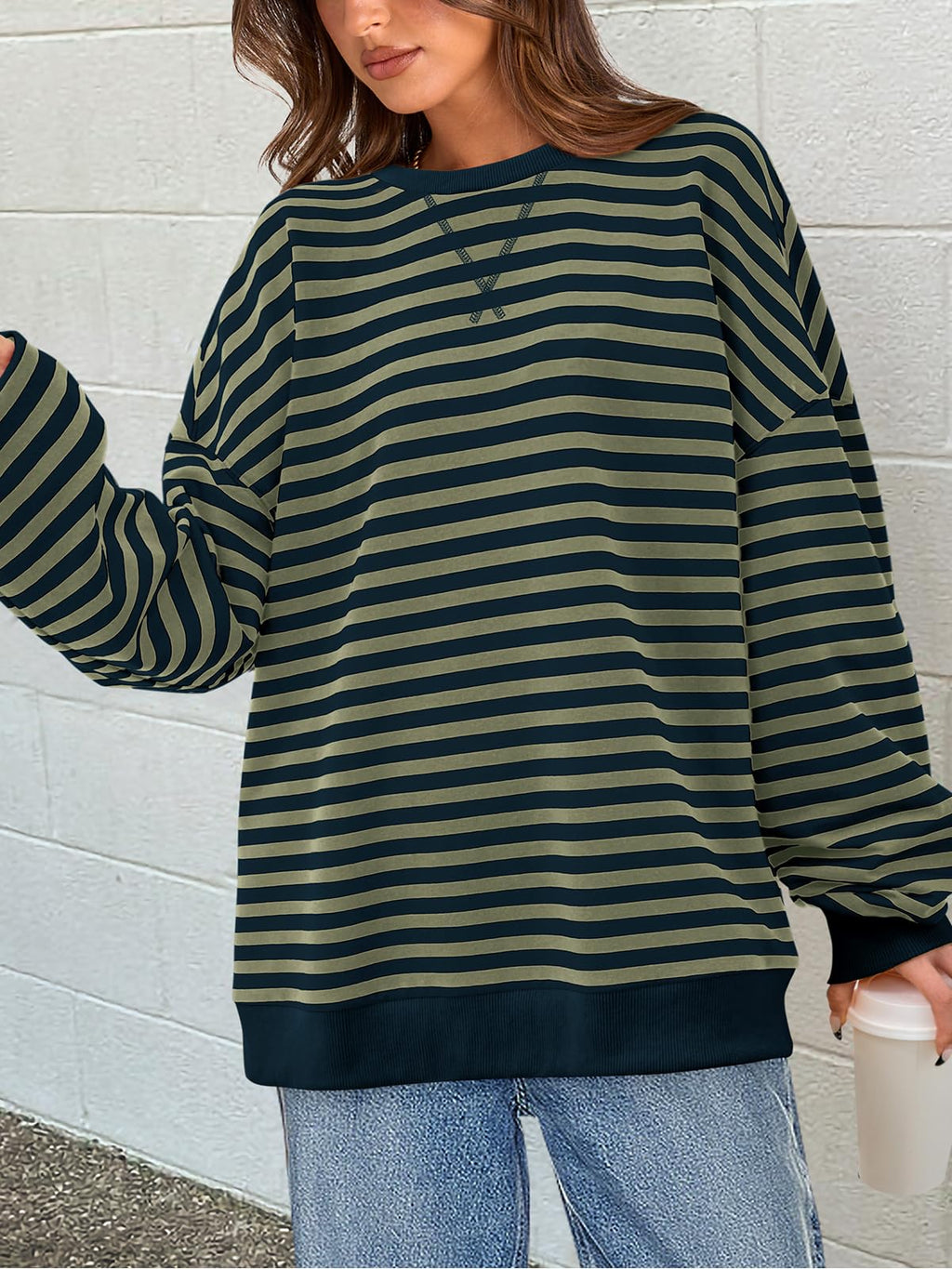 PRETTYGARDEN Womens Striped Oversized Sweatshirt Color Block Crew Neck Long Sleeve Casual Loose Pullover Top Y2K Clothes