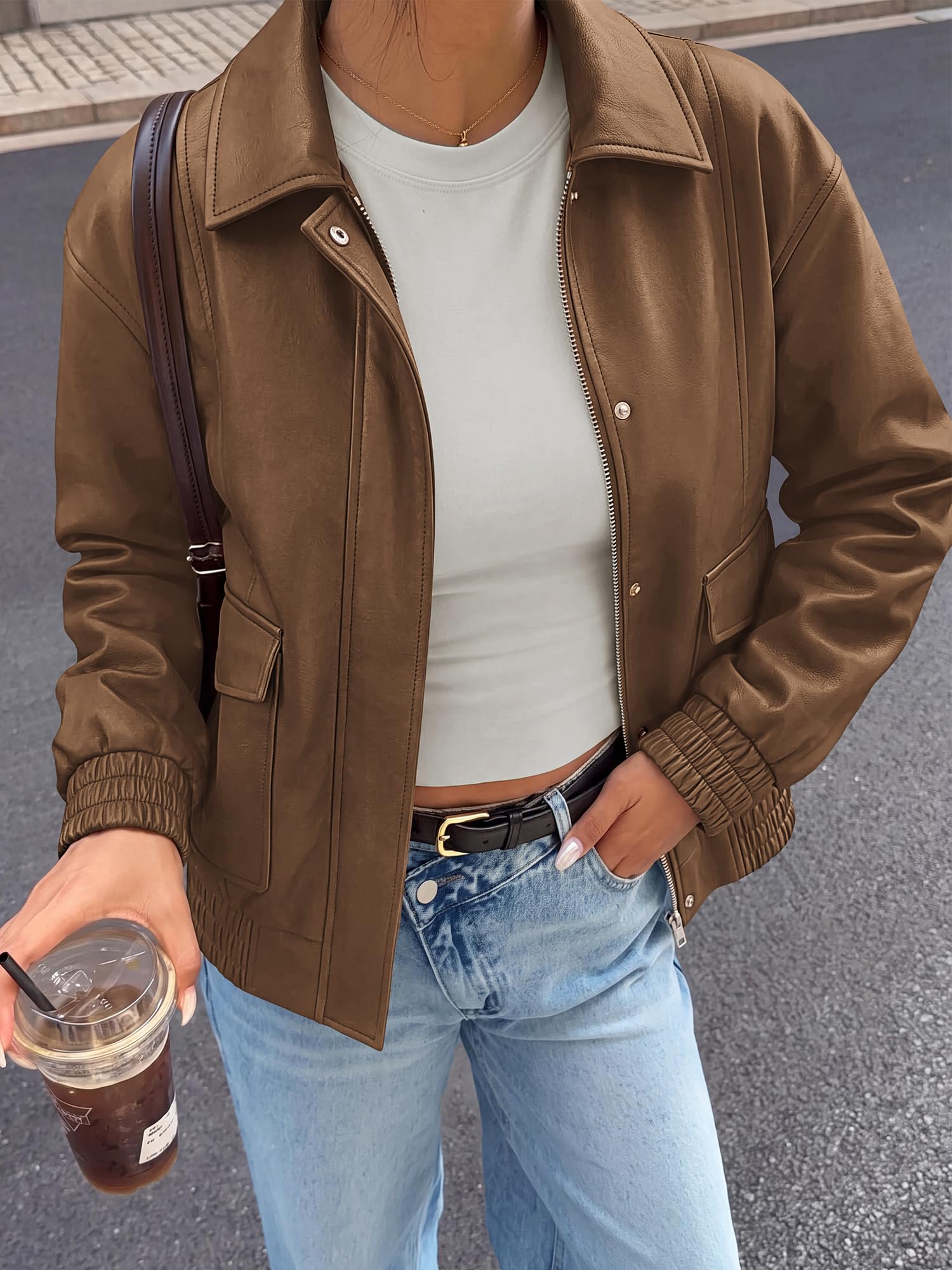 BTFBM Faux Leather Jacket Women Fall Clothes Long Sleeve, Bomber Jackets, Snaps, Pockets, Oversized, Zip Up Motorcycle Outerwear, Airport, Going Out Outfits, Winter Coat