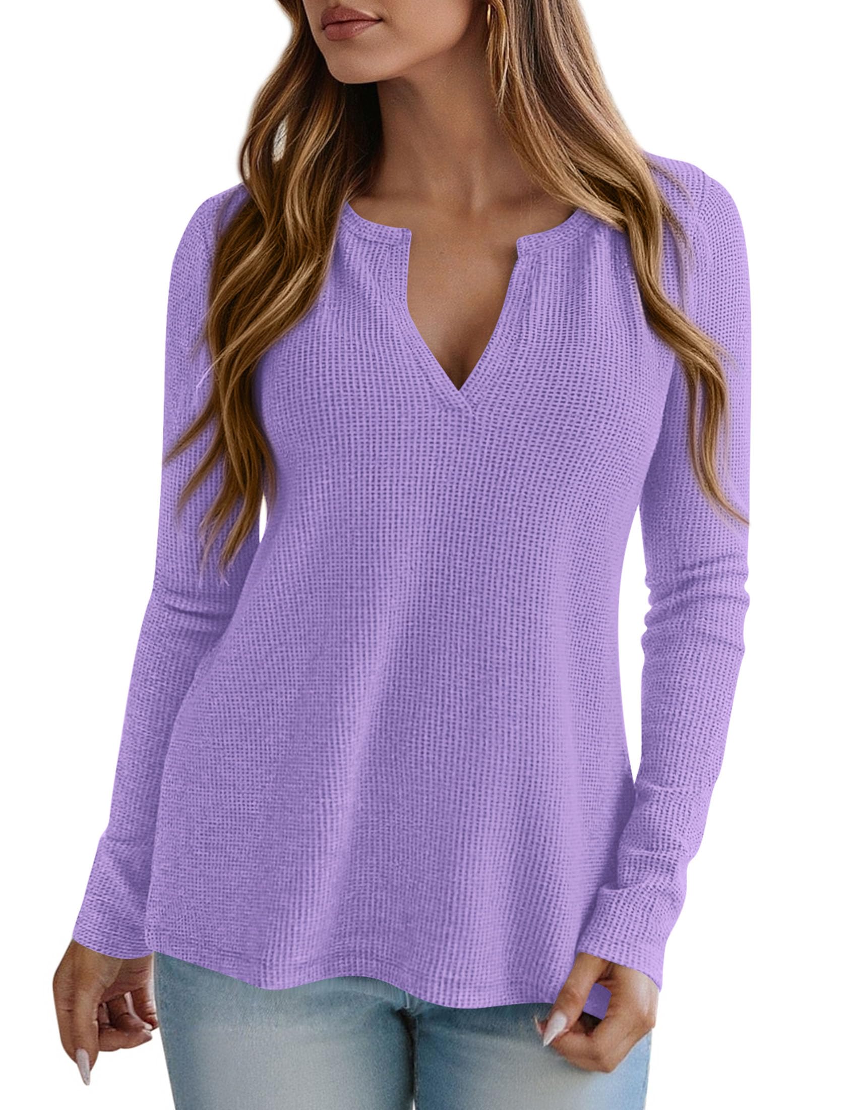 PRETTYGARDEN Long Sleeve Shirts for Women Fall V Neck Waffle Basic Tee Dressy Casual Winter Blouses Knit Tunic Tops
