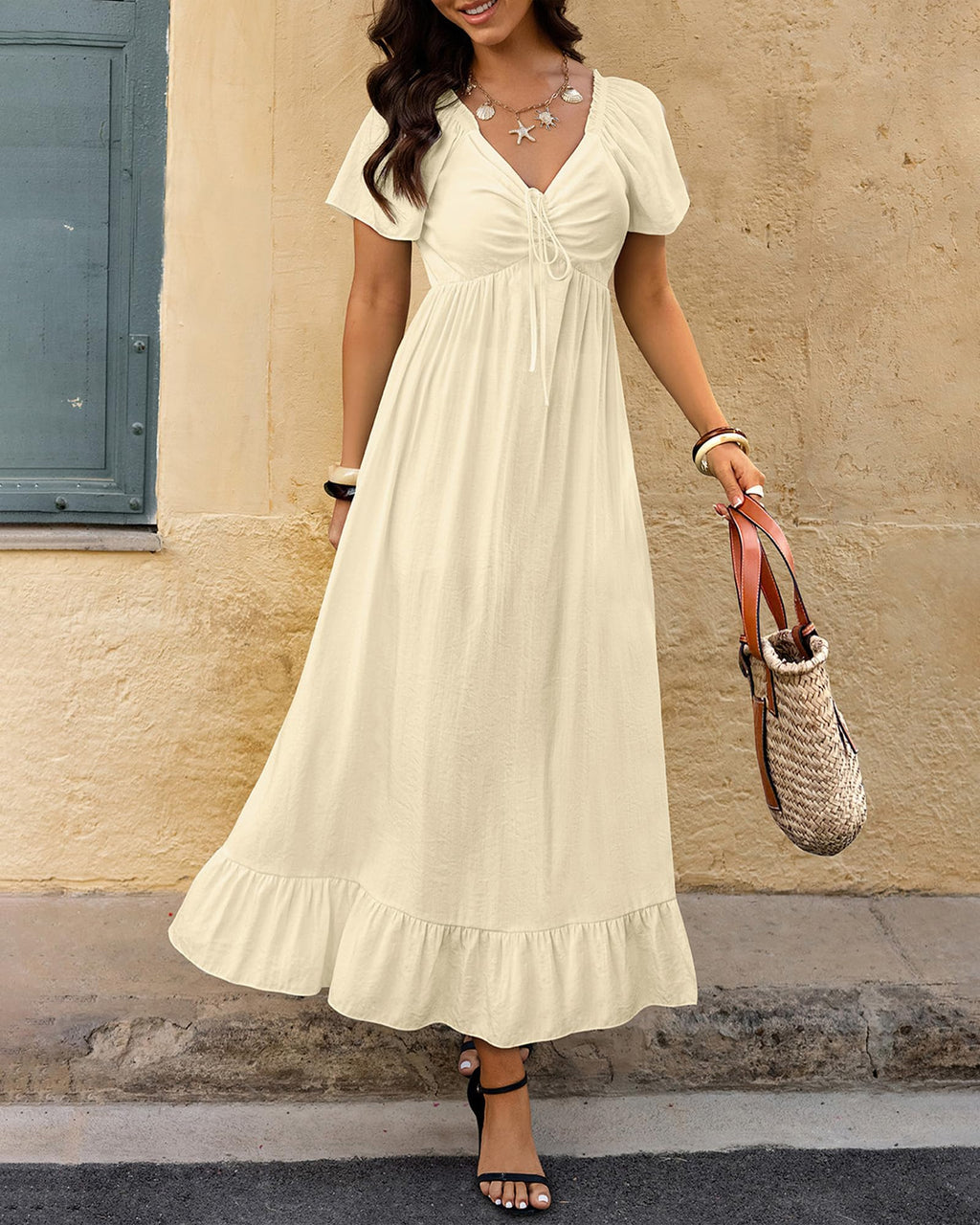 BTFBM Womens Spring Dresses Casual Short Sleeve V Neck Drawstring Wedding Guest Maxi Dresses Boho Beach Long Dress