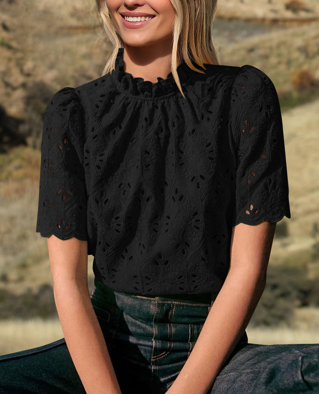 PRETTYGARDEN Womens Summer Tops Trendy Short Sleeve Eyelet Embroidered Dressy Casual Blouse Shirts