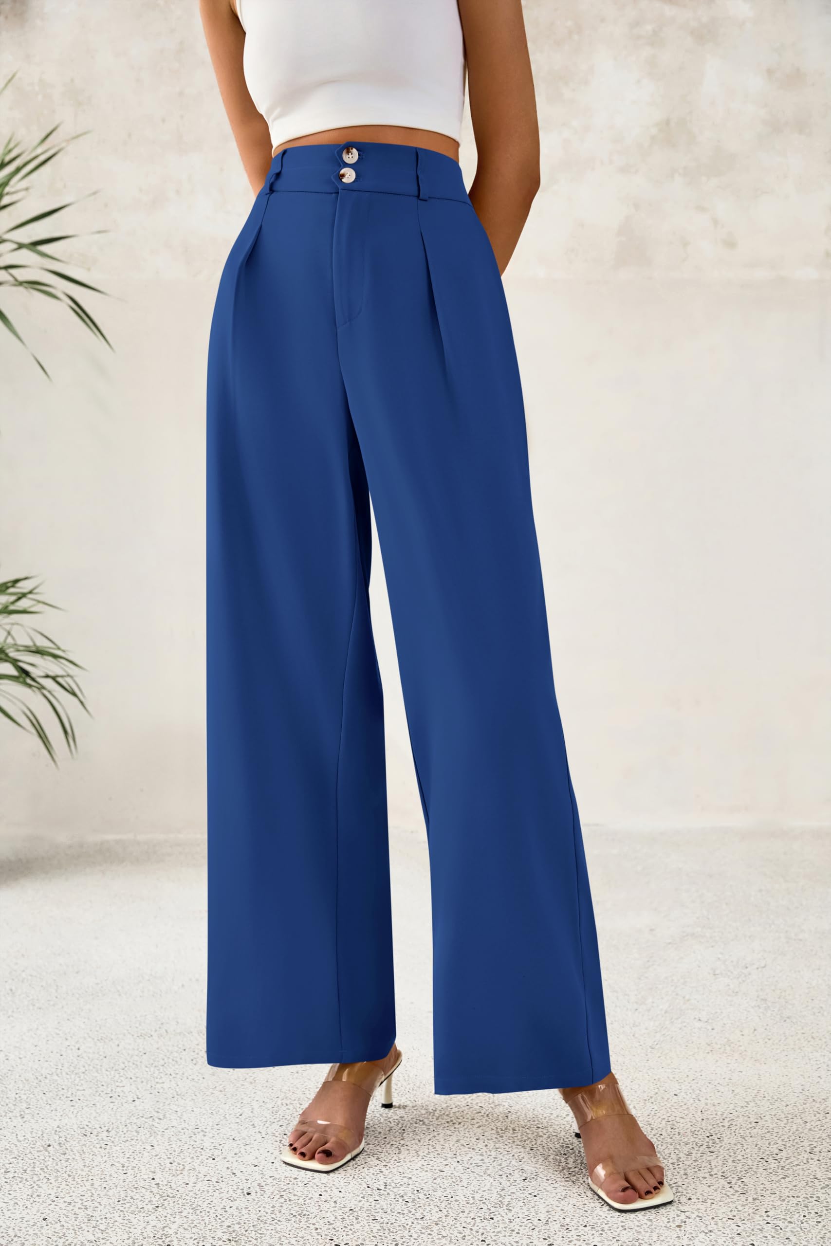 BTFBM Women Wide Leg Dress Pants High Waisted Button Pleated Business Casual Trousers Office Work Palazzo Pants