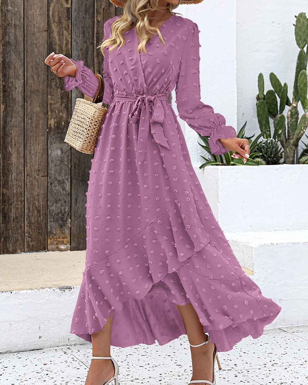 FreshPretty Long Sleeve Maxi Dresses for Women V Neck Swiss Dot Boho Flowy Slit Cocktail Wedding Guest Dress Fall Clothes