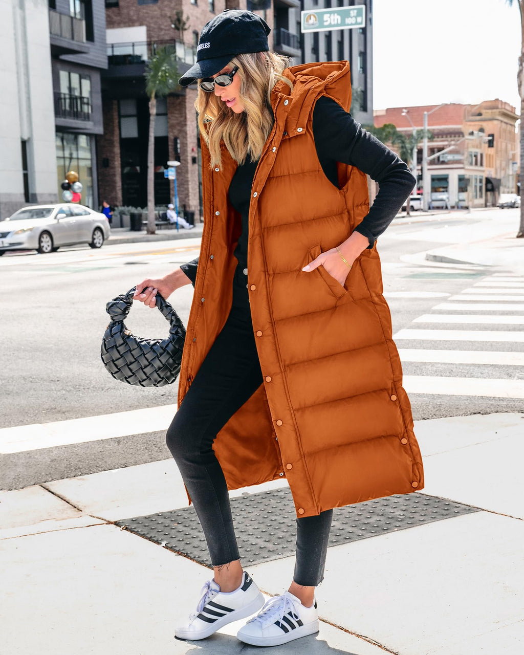 FreshPretty Long Puffer Vest Women Quilted Hooded Button Down Zip Up Sleeveless Vests Outerwear Padded Jacket Fall Winter Coat