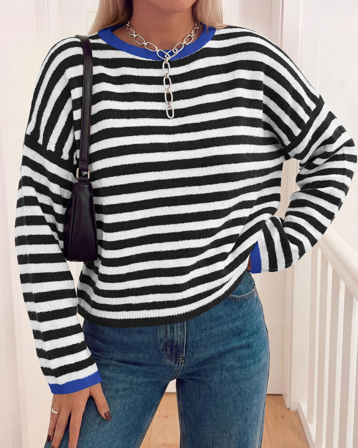 BTFBM Women's Lightweight Oversized Striped Sweater | Soft Knit Cozy Sweaters, Crew Neck Long Sleeve Pullover, y2k Color Block, Casual Holiday Outfits, Winter Fall Clothes