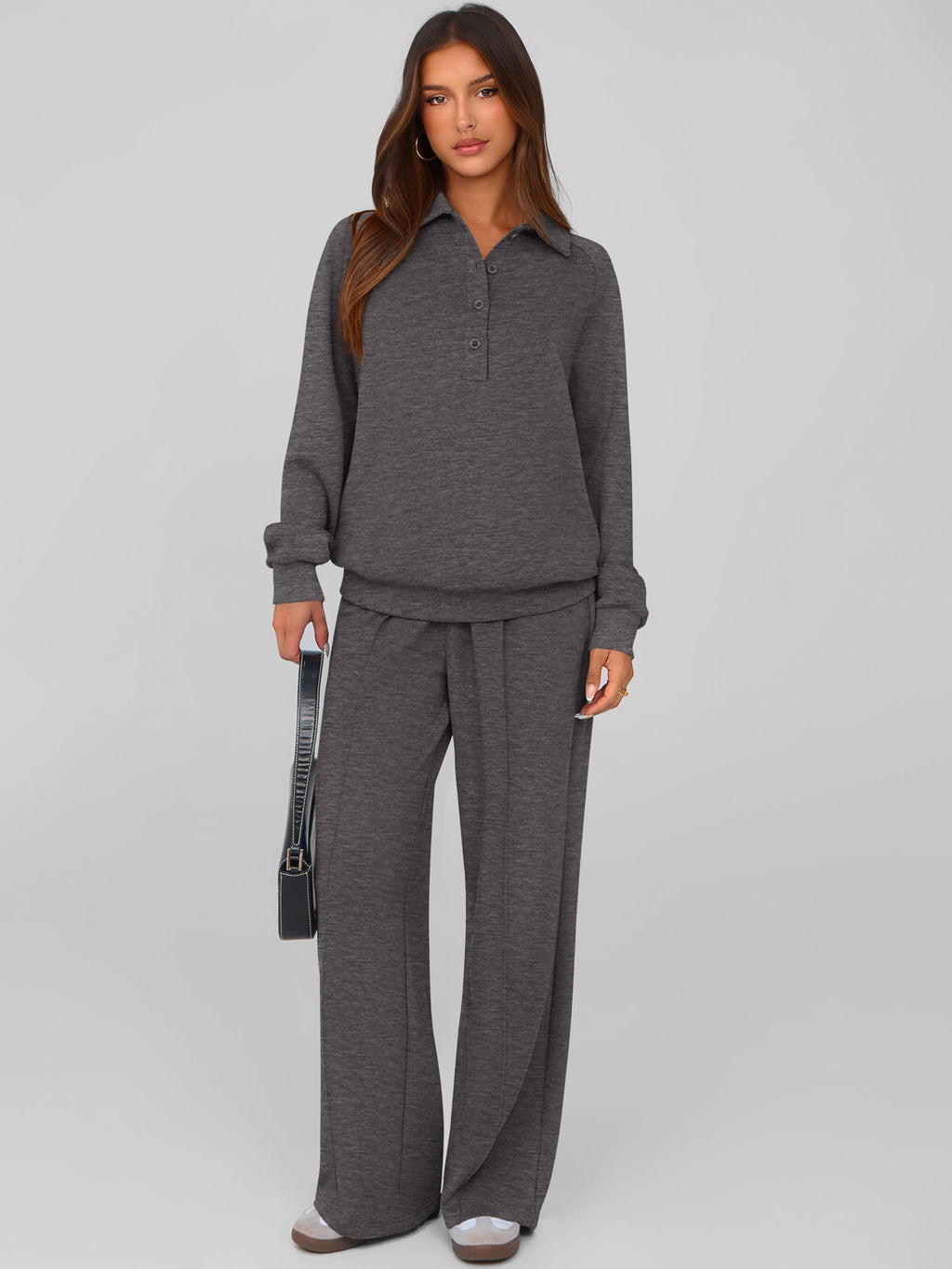 PRETTYGARDEN Women Fall 2 Piece Outfits Sweatsuits Lounge Sets Quarter Button Long Sleeve Sweatshirt, Wide Leg Sweat Pants, Casual 2 Piece Sets Tracksuit, Airport Travel Outfits for Women