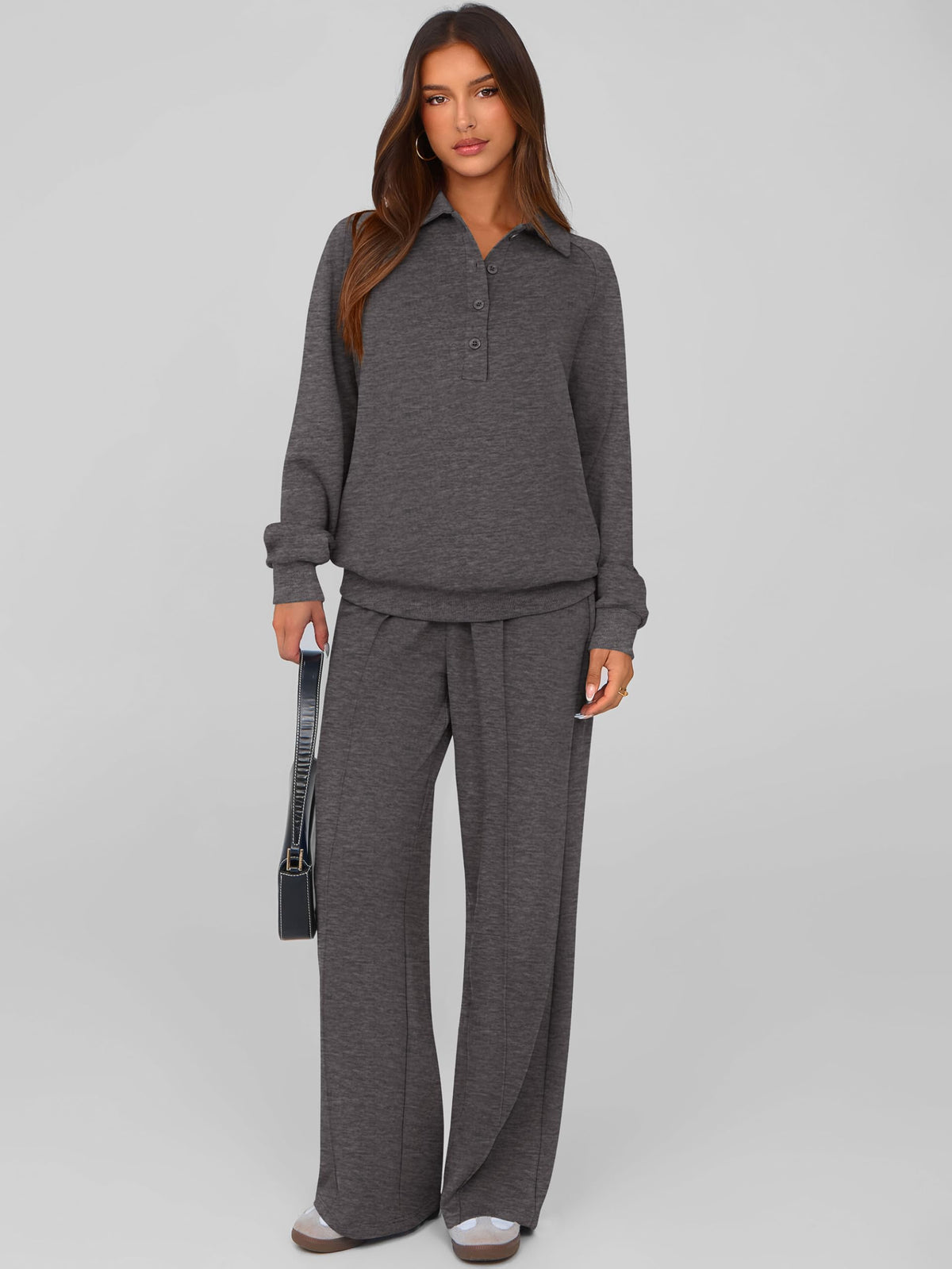 PRETTYGARDEN Women Fall 2 Piece Outfits Sweatsuits Lounge Sets Quarter Button Long Sleeve Sweatshirt, Wide Leg Sweat Pants, Casual 2 Piece Sets Tracksuit, Airport Travel Outfits for Women