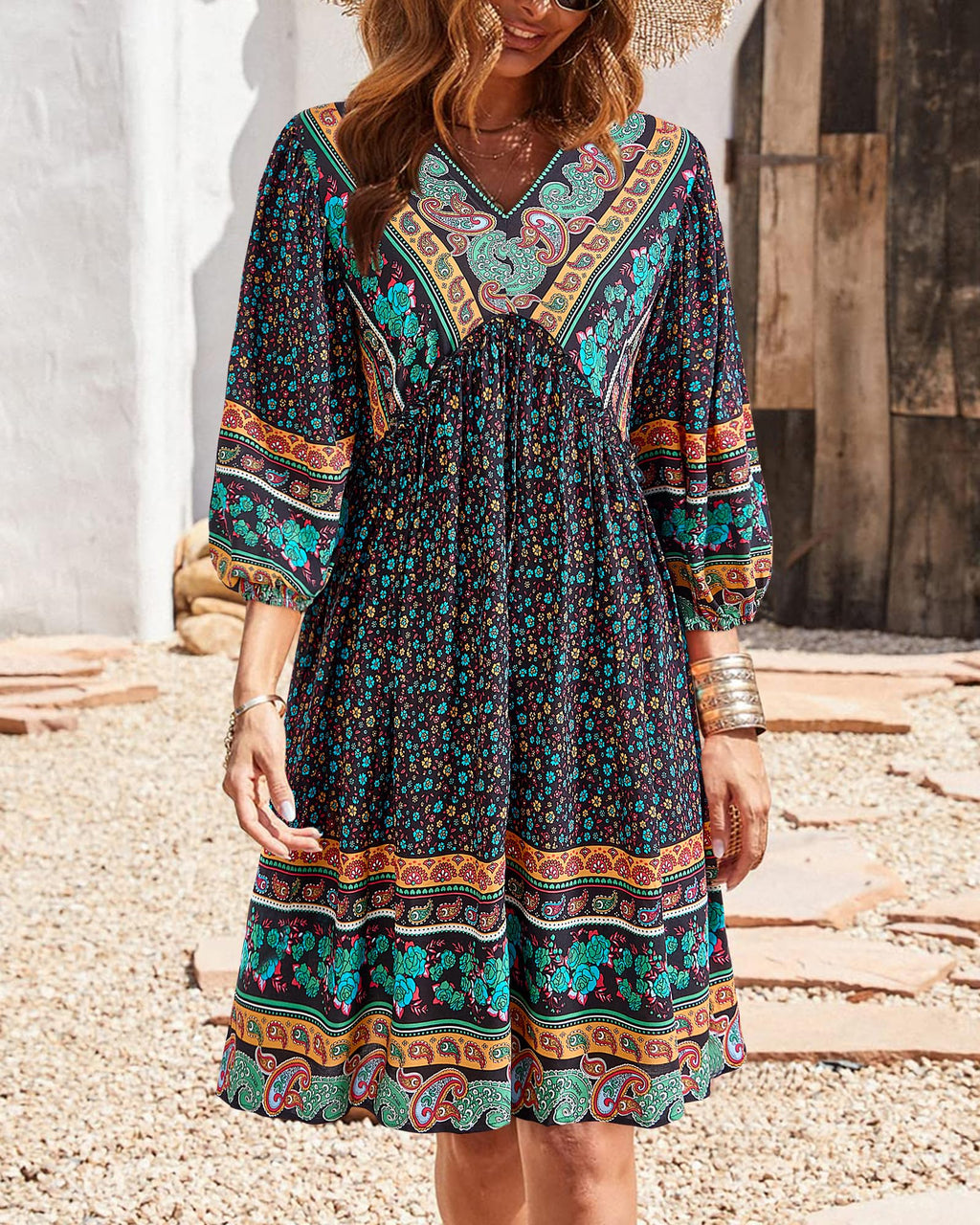 BTFBM Women Casual Spring Summer Dresses V Neck 3/4 Long Sleeve Ruffle Floral Flowy Boho Babydoll Mini Short Beach Dress