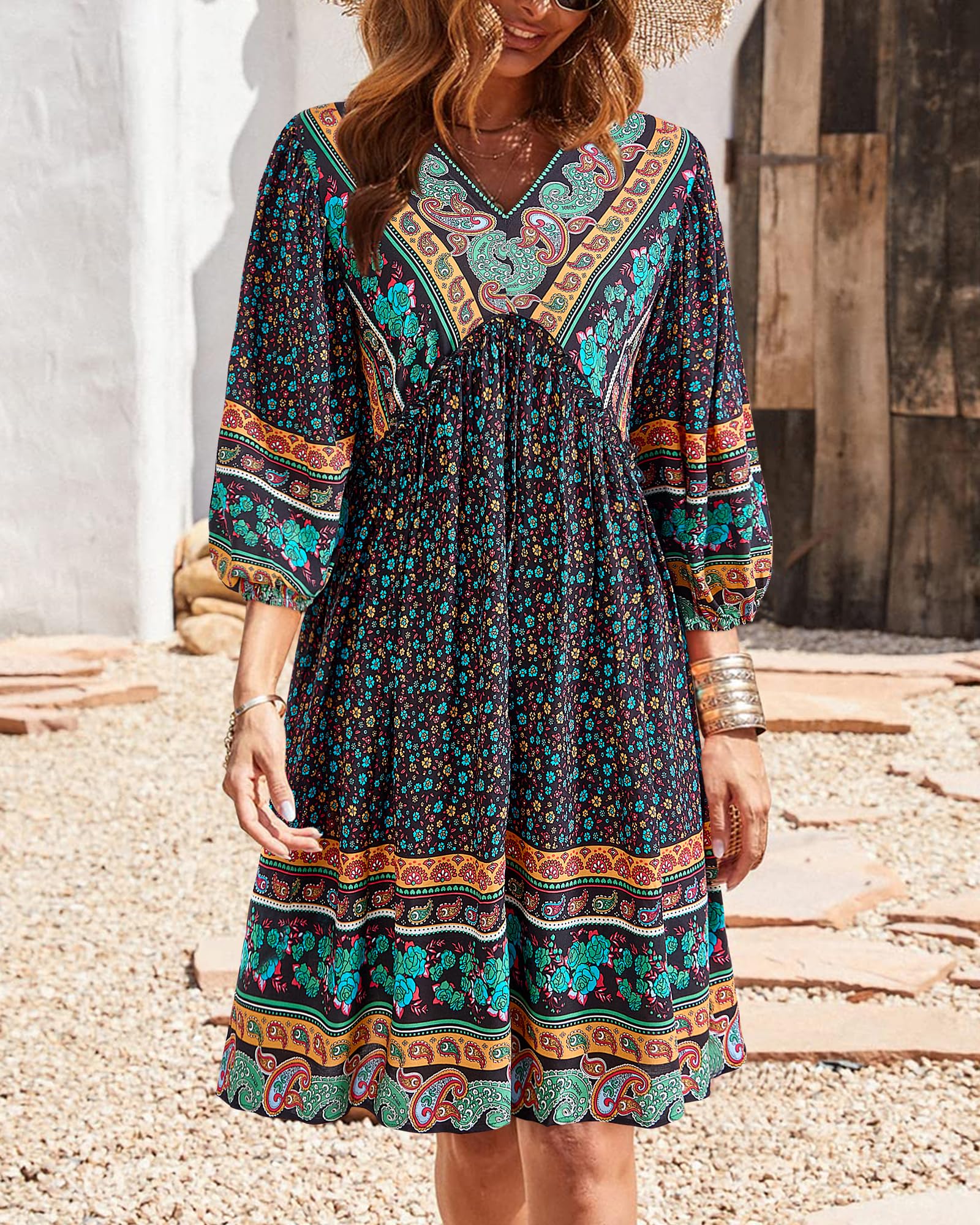 BTFBM Women Casual Spring Summer Dresses V Neck 3/4 Long Sleeve Ruffle Floral Flowy Boho Babydoll Mini Short Beach Dress