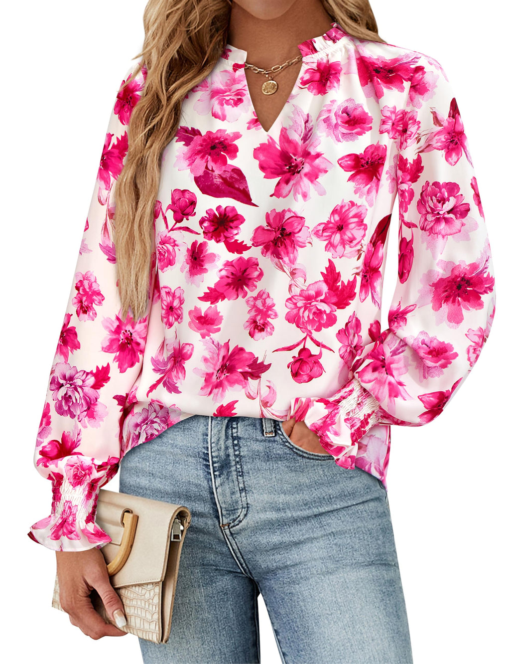 FreshPretty Womens V Neck Floral Long Sleeve Tops Summer Casual Loose Puff Sleeve Chiffon Boho Work Blouse Dressy T Shirts