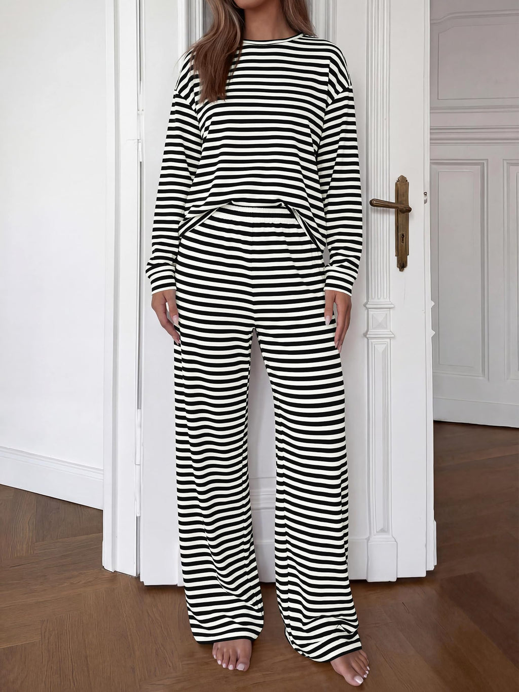 BTFBM Striped Lounge Set Sweatsuits Women 2 Piece Outfit | Womens Pajama Sets, Crew Neck Sweatshirt and Wide Leg Pants, Pockets, Airport, Travel, Vacation Outfits, Fall Winter Clothes