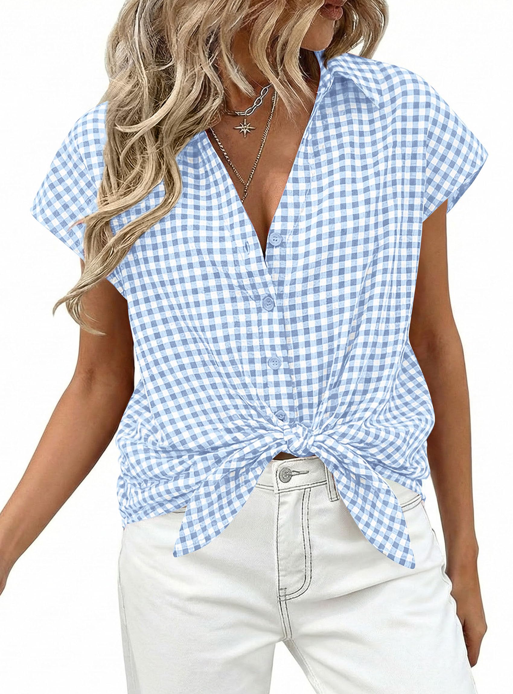 PRETTYGARDEN Womens Short Sleeve Shirts Plaid Button Down Blouse Dressy Casual Summer Spring Business Gingham Work Tops