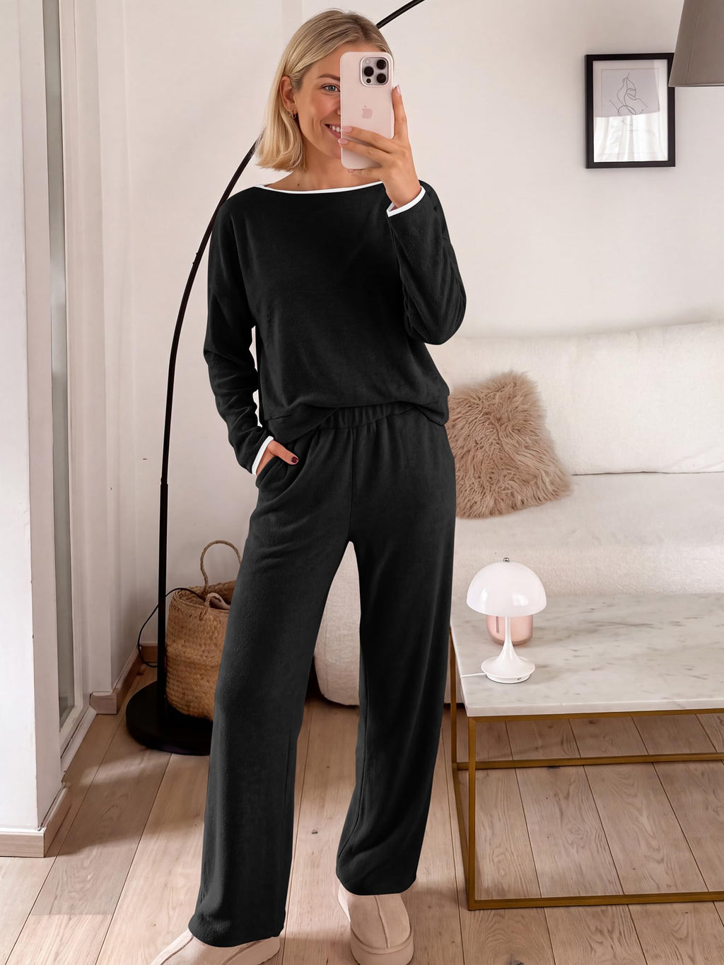 FreshPretty 2 Piece Matching Lounge Sets for Women Fall Outfits,Airport Travel Outfit,Postpartum Going Home,Cute Comfy Loungewear,Boat Neck Long Sleeve Top,Wide Leg Pants,Winter Clothes