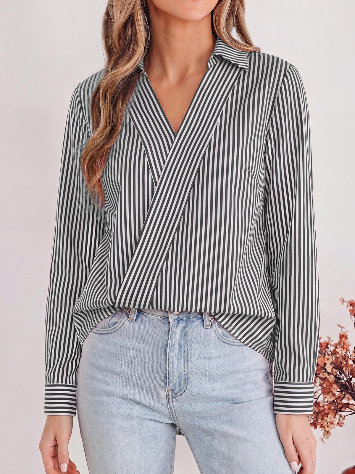FreshPretty Striped Fall Outfits V Neck Dressy Women Tops Cute Clothes,Trendy Womens T Shirts,Long Sleeve Working Collar Business Casual Fashion Clothing For Office Work Women's Blouses