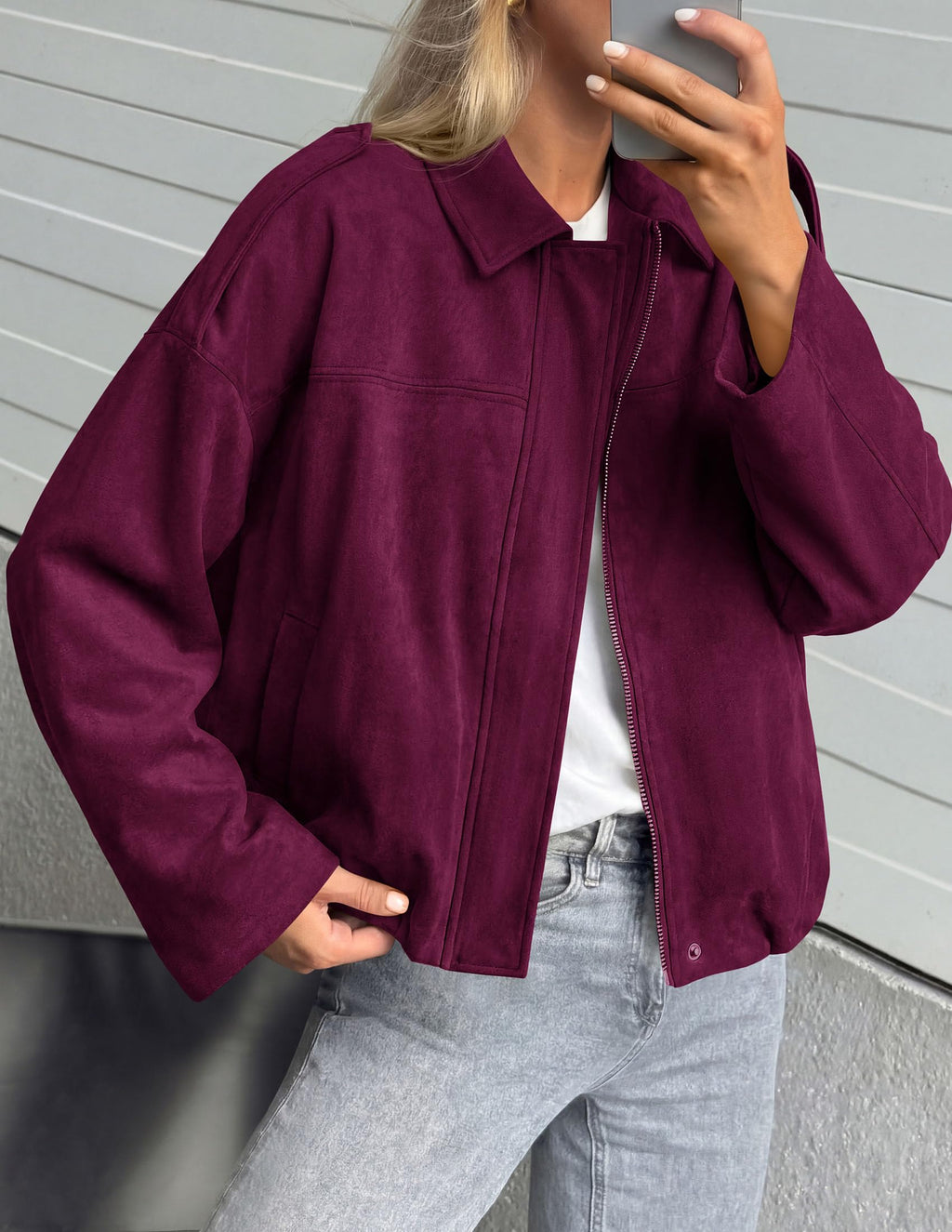 PRETTYGARDEN Women's Faux Suede Cropped Bomber Jacket | Long Sleeve Zip Up Casual Going Out Jackets Coat, Oversized Loose Fit Western Outfits, Trendy Outerwear, Fall Clothes