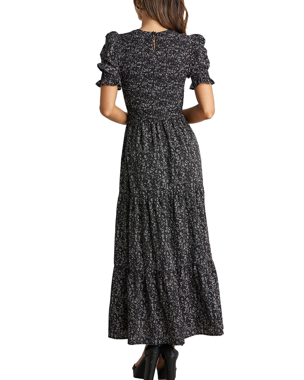 FreshPretty Women Casual Summer Dresses Spring Crew Neck Ruffle Short Sleeve Floral Print Smocked Boho Flowy Maxi Dress