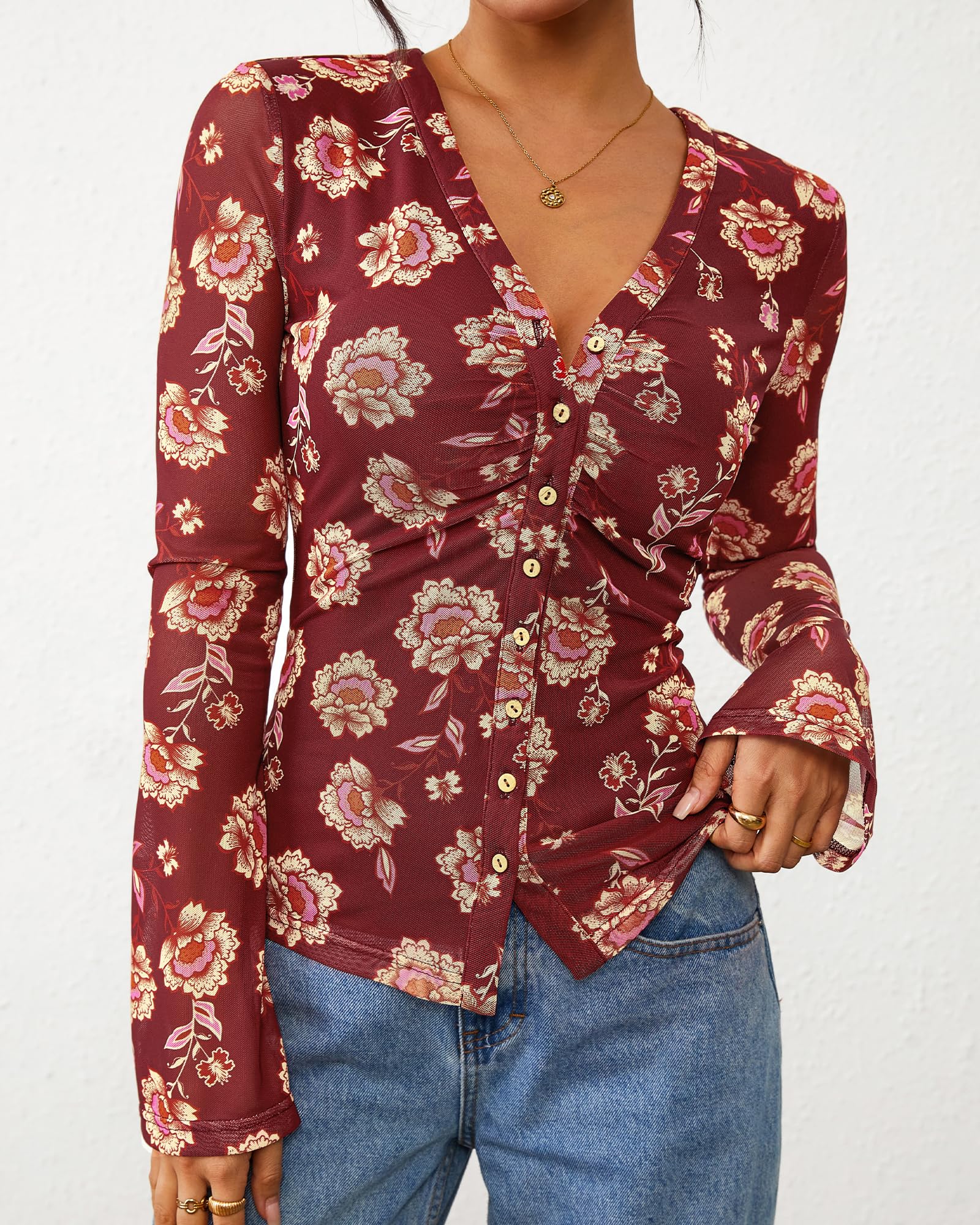 FreshPretty Button Down Shirts for Women Fall Fashion V Neck Long Sleeve Blouse Ruched Mesh Fitted Floral Print Boho Tops