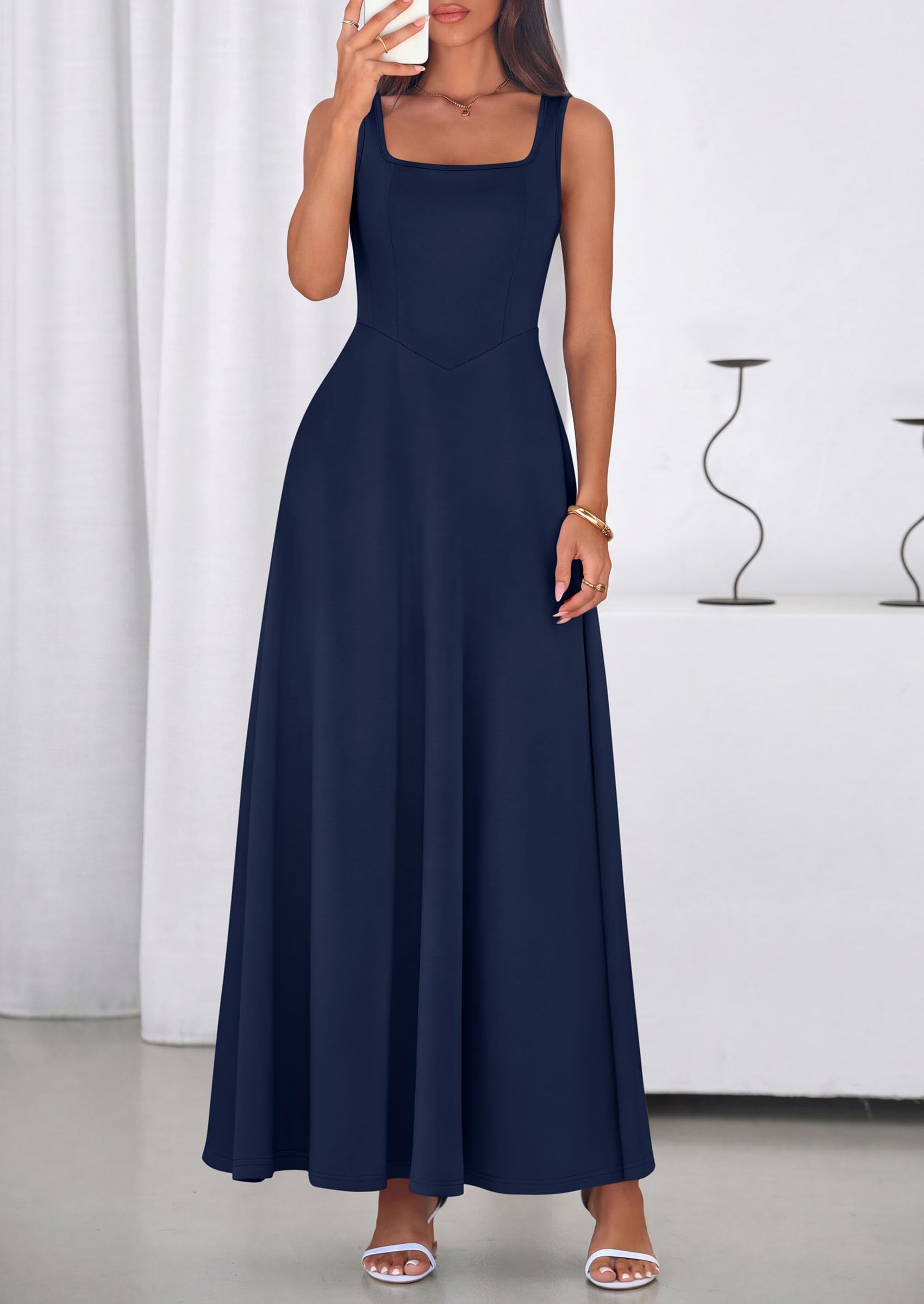 PRETTYGARDEN Womens Summer Dresses Sleeveless Elegant Square Neck Aline Swing Maxi Beach Wedding Guest Dress Pockets