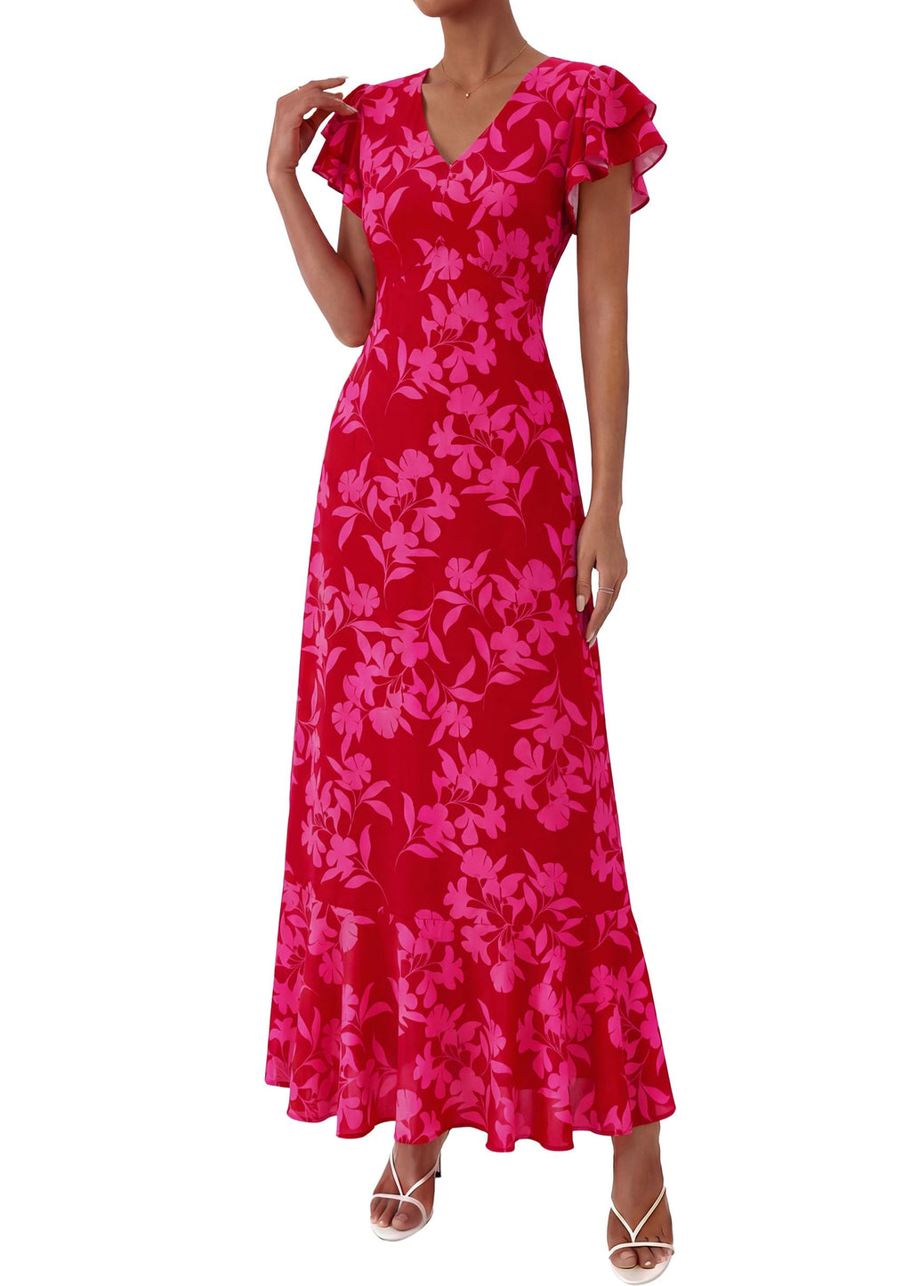 PRETTYGARDEN Womens Summer Floral Maxi Dresses Spring Short Sleeve Ruffle V Neck Flowy Boho Long Beach Vacation Sundress