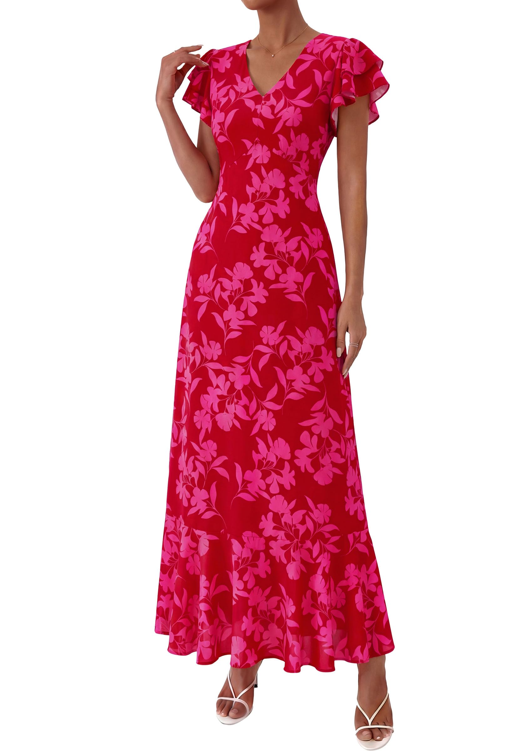 PRETTYGARDEN Womens Summer Floral Maxi Dresses Spring Short Sleeve Ruffle V Neck Flowy Boho Long Beach Vacation Sundress