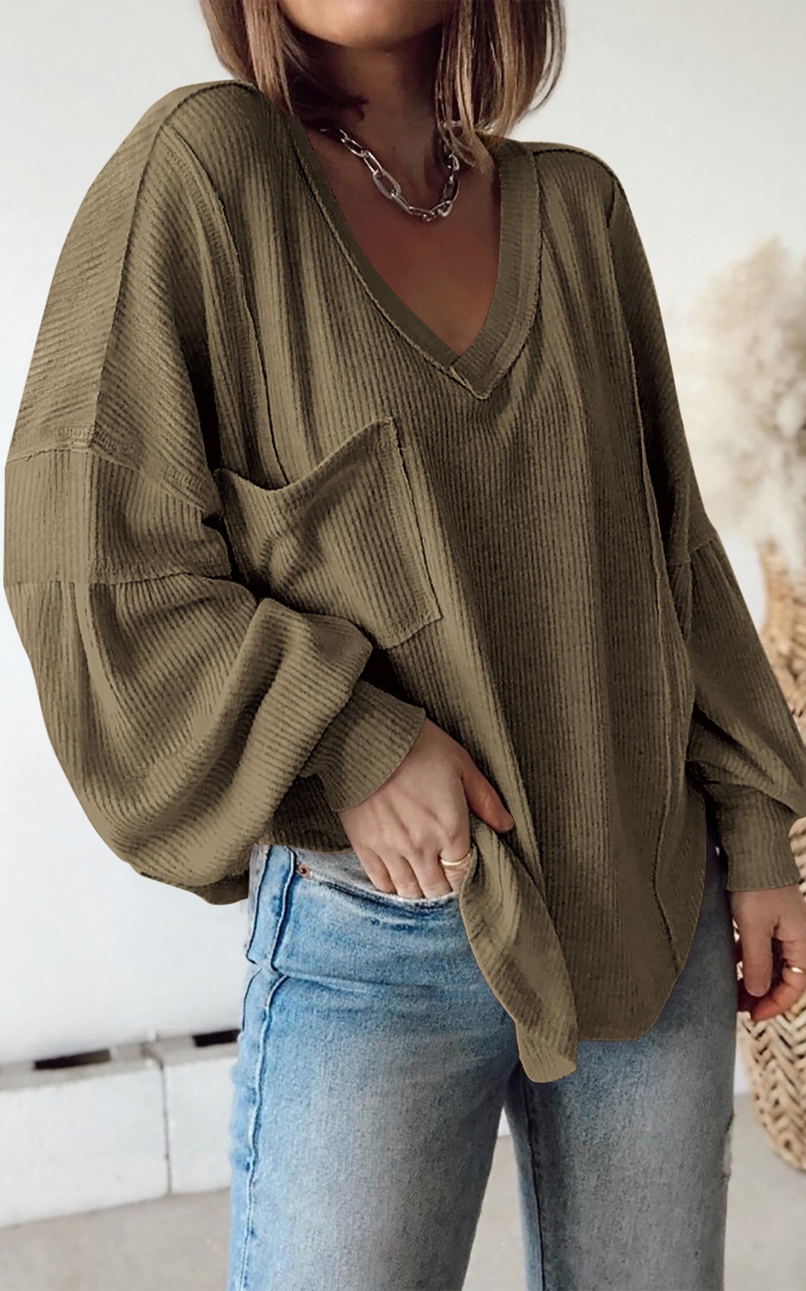 FreshPretty Womens Fall Fashion Long Sleeve Shirts Casual V Neck Ribbed Knit Blouses Pullover Trendy Loose Fit Tunic Tops