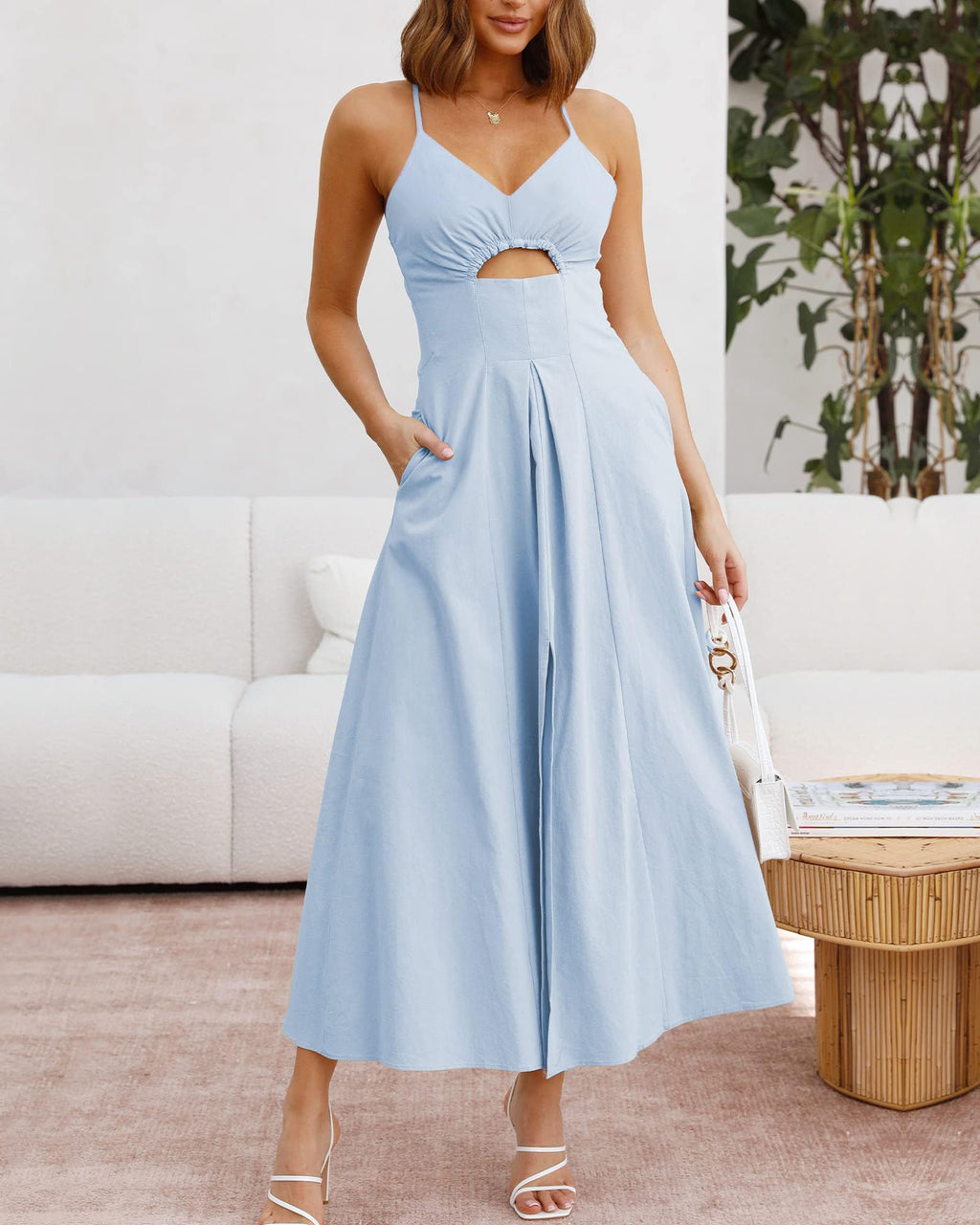 BTFBM Women Spaghetti Strap Midi Summer Dresses Sleeveless V Neck Cutout Slit Casual Beach Party Maxi Dress Pockets