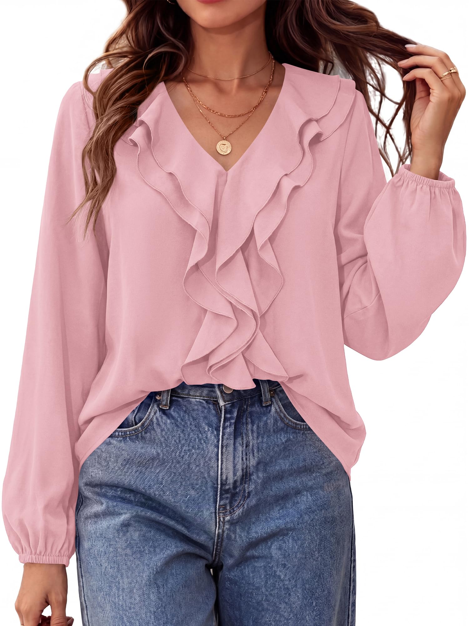 BTFBM Womens Fall Tops Ruffle Blouses Dressy Casual | Double Ruffled Collar V Neck Long Sleeve Shirts, Lightweight Fashion Clothing Trendy, Daily Business Office Work Clothes