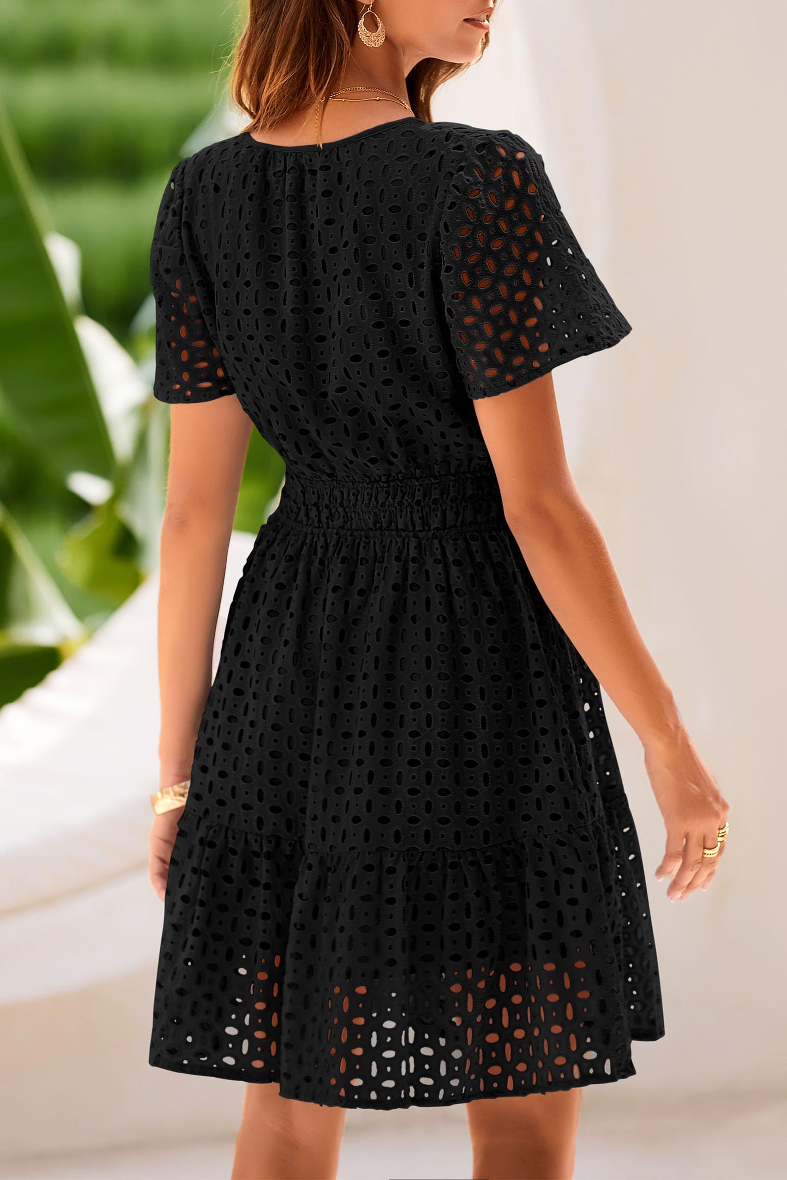 PRETTYGARDEN Womens Summer Short Dress V Neck Short Sleeve A Line Hollow Out Lace Ruffle Cute Casual Beach Party Dresses