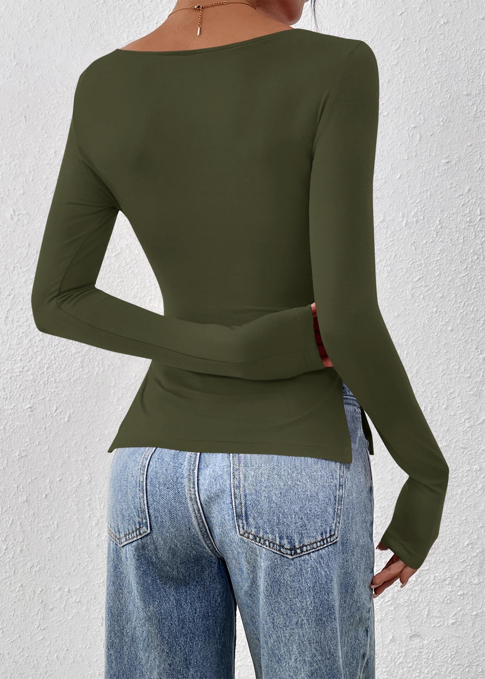 FreshPretty Long Sleeve Shirts for Women Fall Casual Boat Neck Knit Workout Going Out Tops Fitted Side Slit Basic Tees