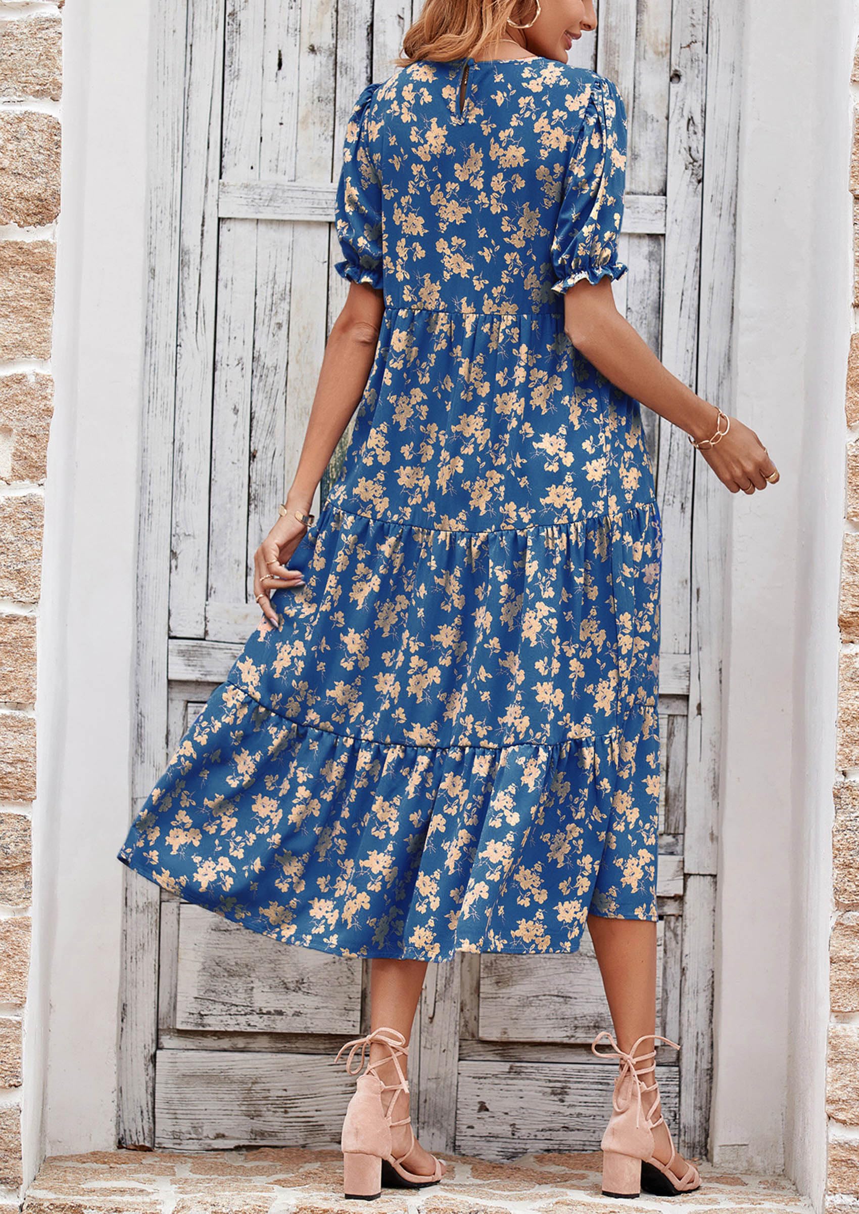 PRETTYGARDEN Summer Dresses for Women Casual Floral Boho Midi Sun Dress Puff Short Sleeve Flowy Beach Vacation Sundress