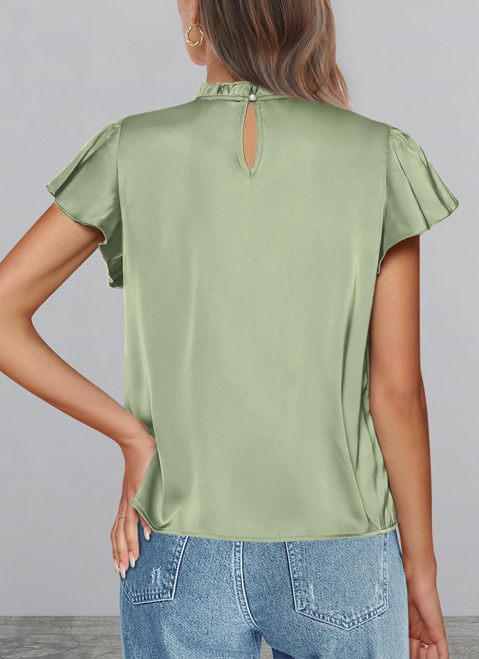 PRETTYGARDEN Business Casual Tops for Women Blouses Dressy  Summer Short Sleeve Ruffle Satin Work Office Attire
