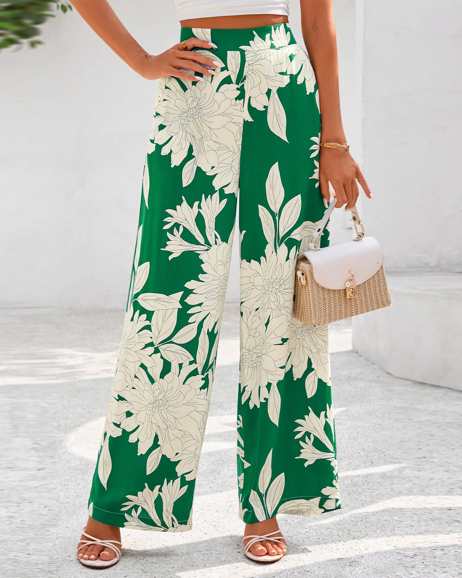 FreshPretty Womens Wide Leg Summer Pants Boho Beach Vacation Loose Elastic Waist Printed Palazzo Pant Pockets